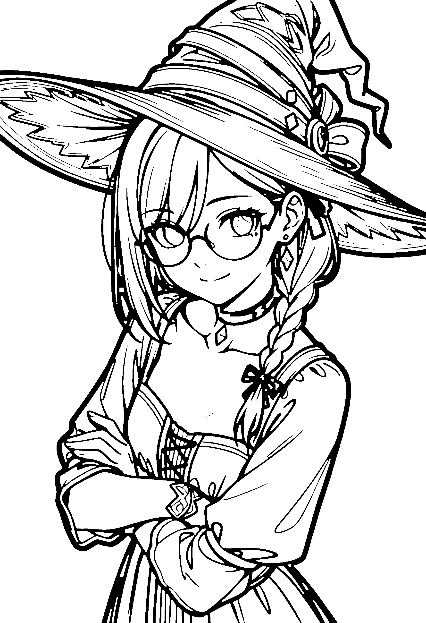 Black and white line art coloring page of an anime girl with witch outfit, medium hair, braid, dress, glasses, choker and smiling