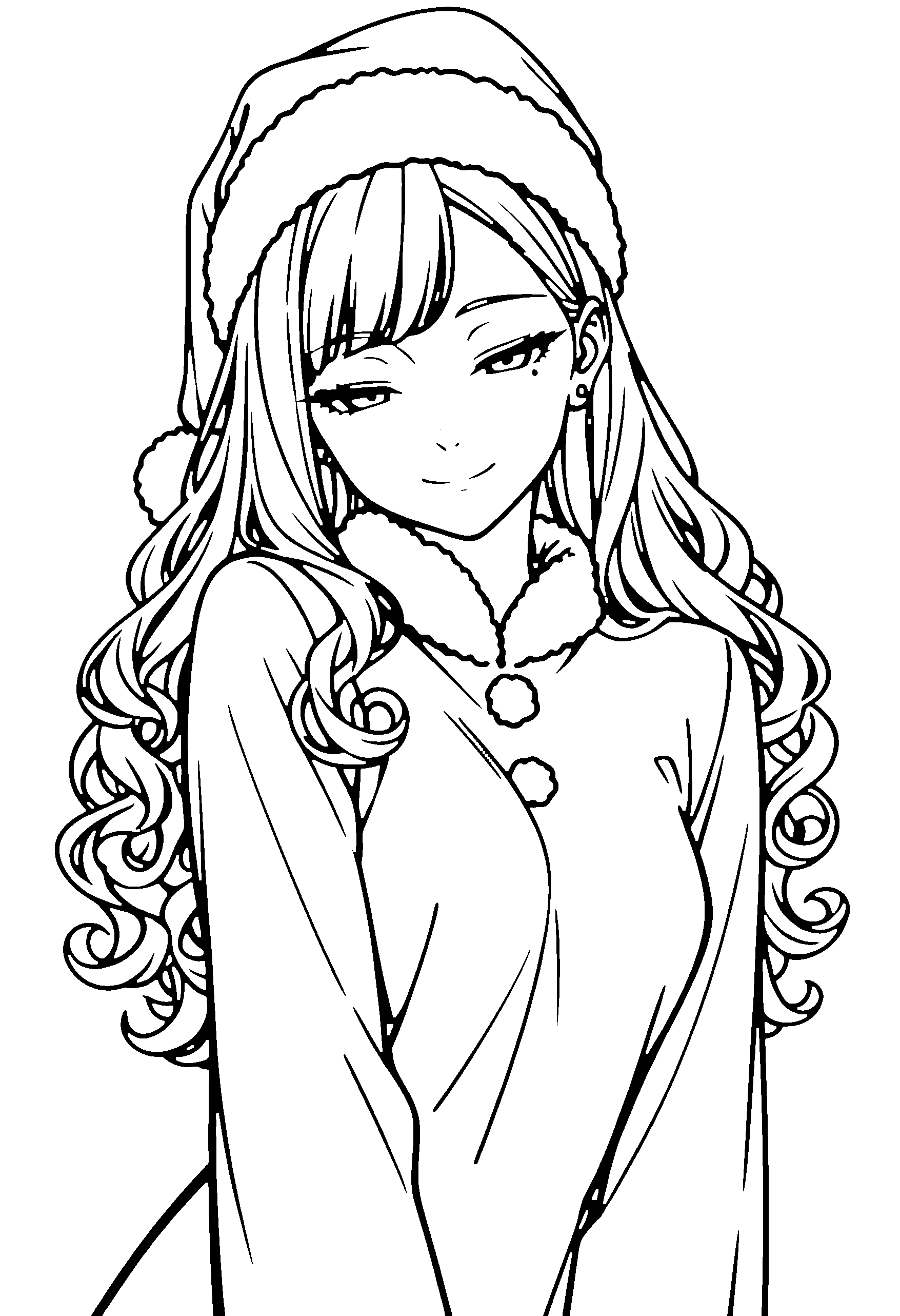 Black and white line art coloring page of an anime girl with santa costume, long hair, curly hair and smiling