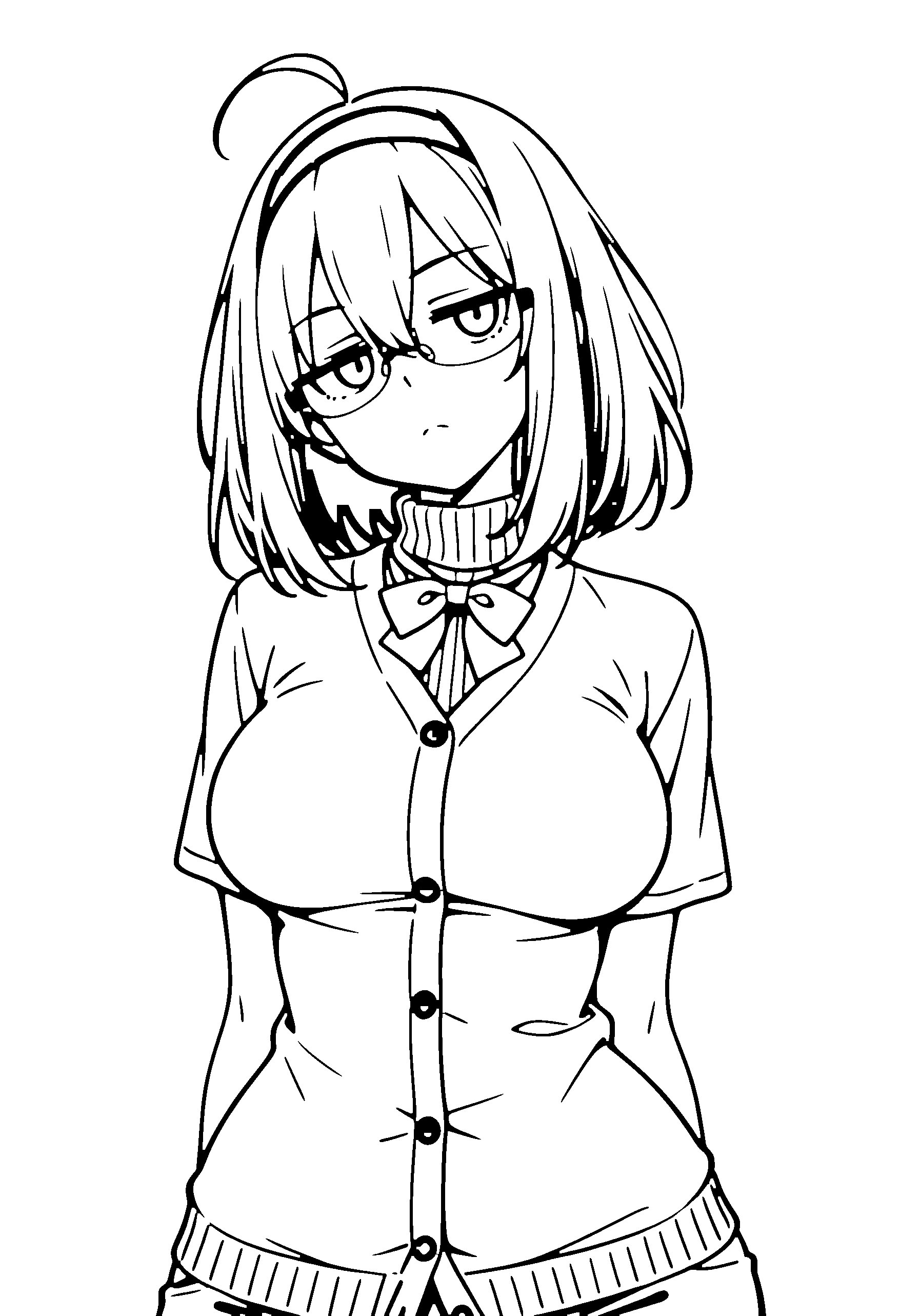 Black and white line art coloring page of an anime girl with medium hair, turtleneck, headband, glasses, bow tie and frowning