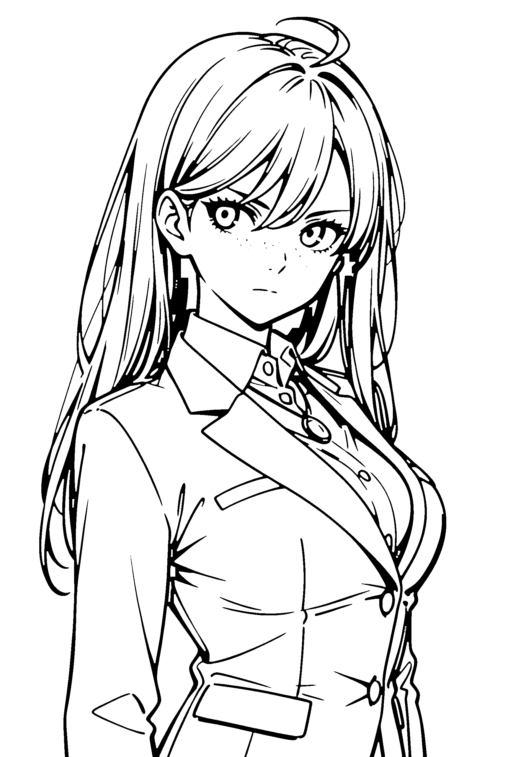 Black and white line art coloring page of an anime girl with long hair, collared shirt, necklace and serious