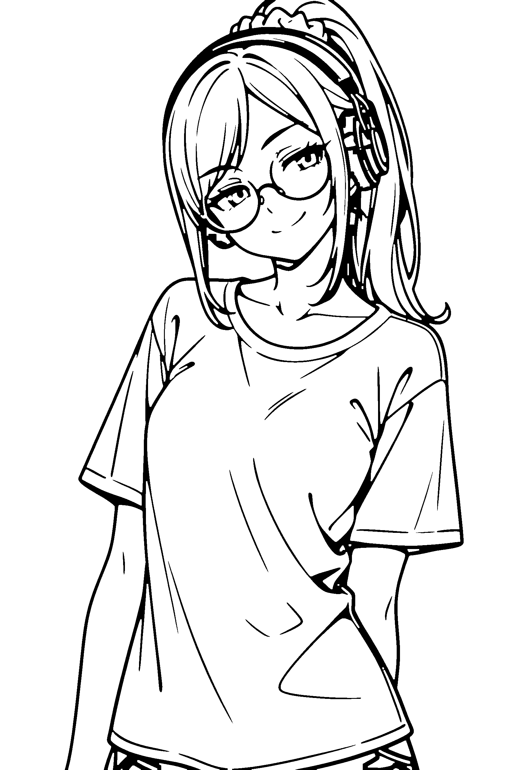 Black and white line art coloring page of an anime girl with long hair, ponytail, t-shirt, headphones, glasses and smiling