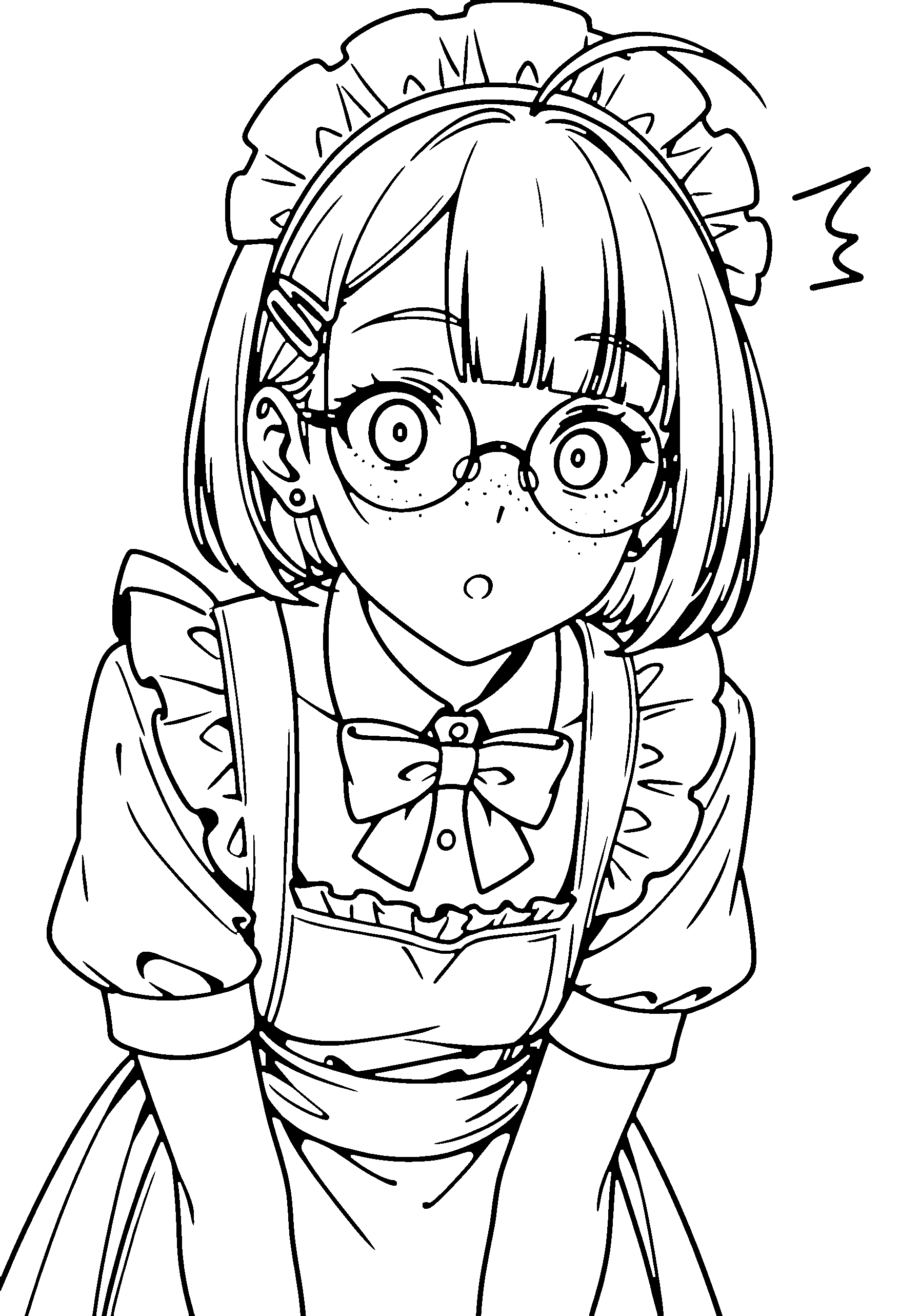 Black and white line art coloring page of an anime girl with maid outfit, bob cut, dress, glasses, bow tie and surprised