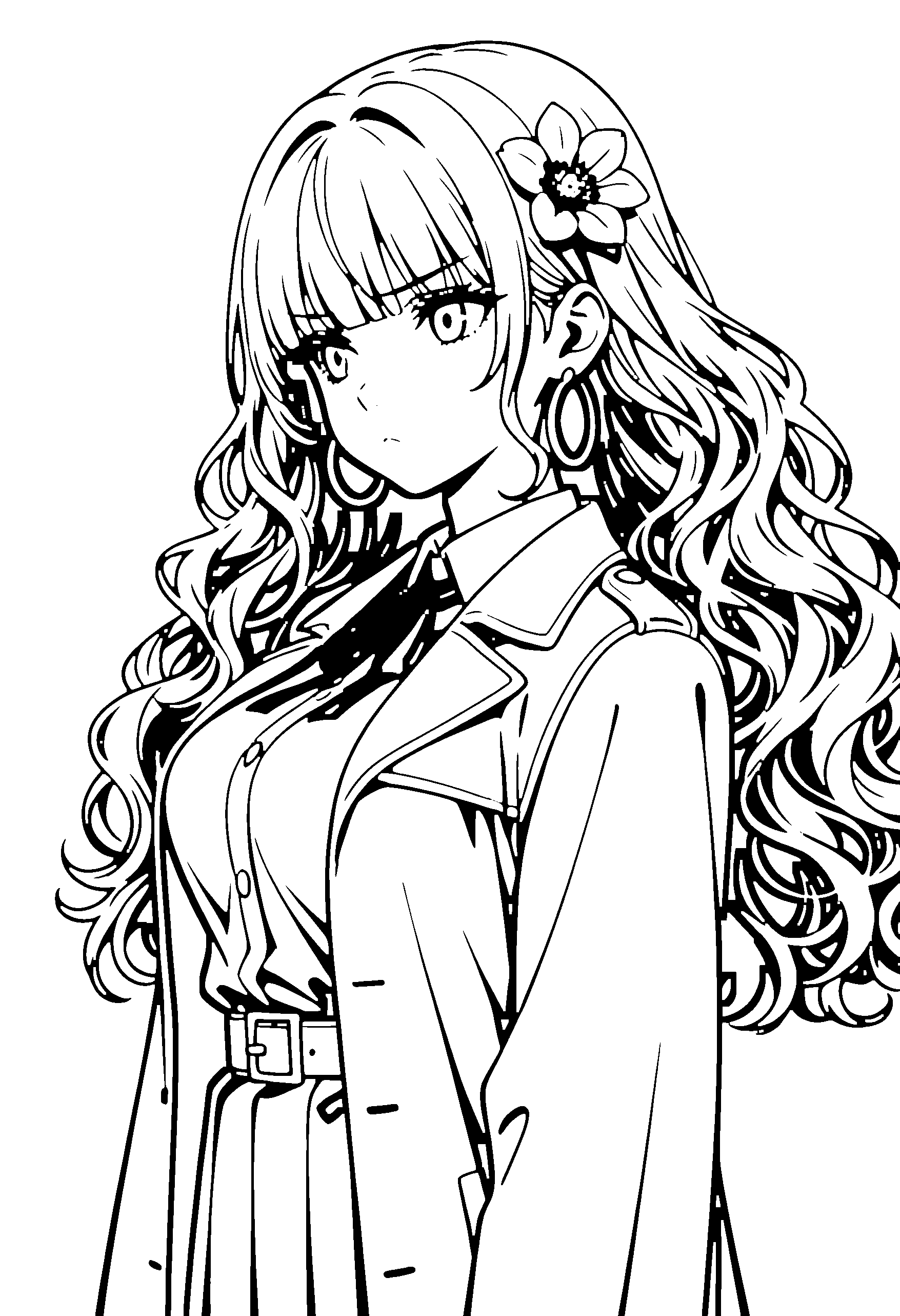 Black and white line art coloring page of an anime girl with long hair, wavy hair, collared shirt, hair flower, ribbon and frowning