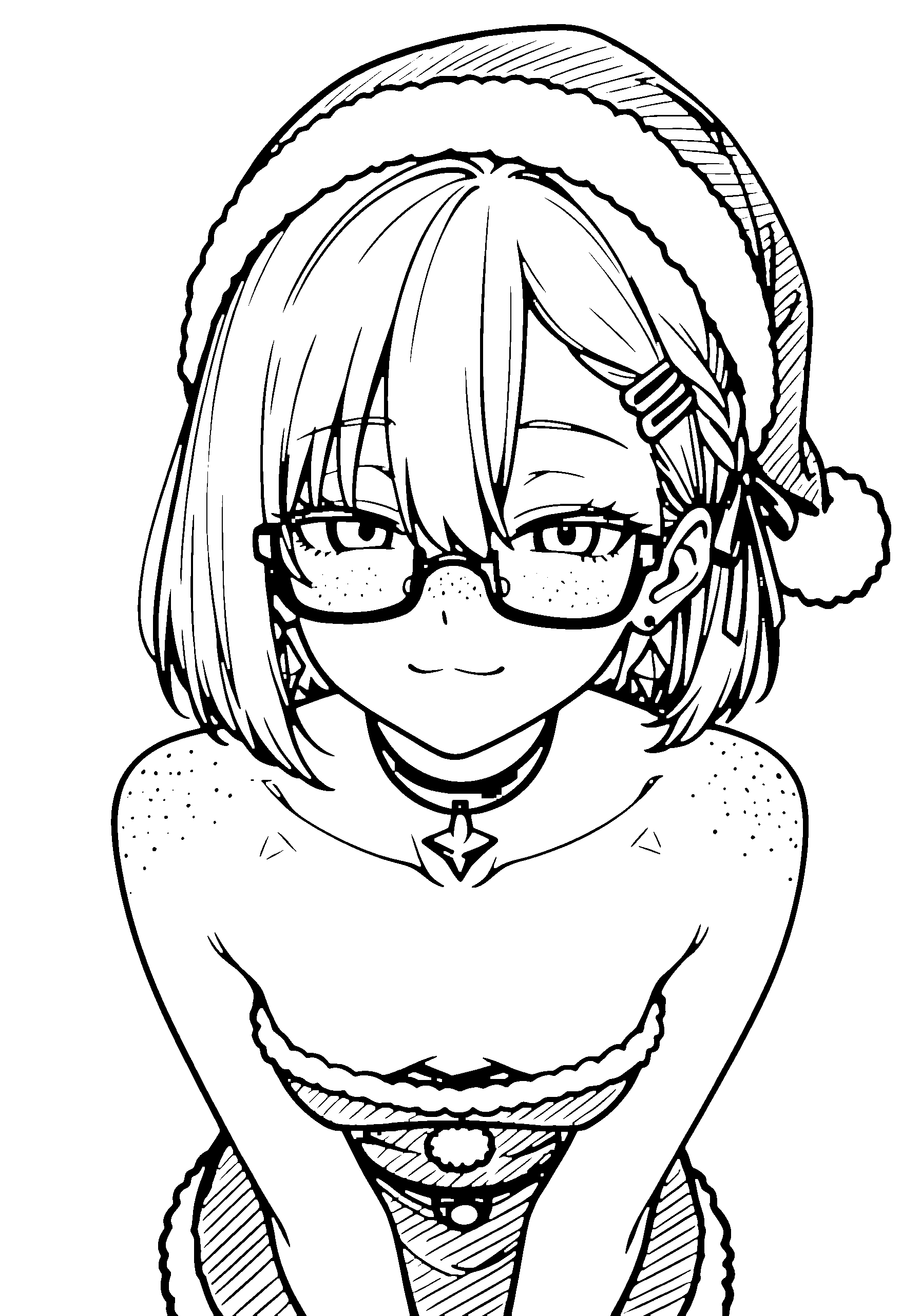Black and white line art coloring page of an anime girl with santa costume, bob cut, braid, glasses, choker and smiling