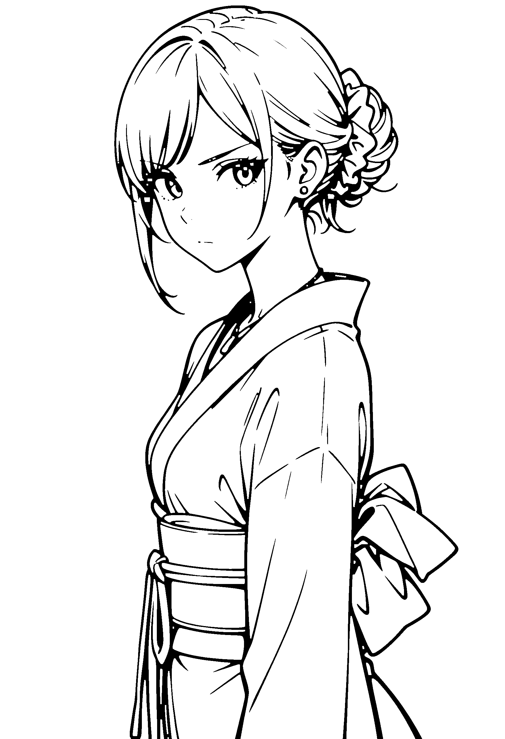 Black and white line art coloring page of an anime girl with medium hair, hair bun, kimono, necklace and serious