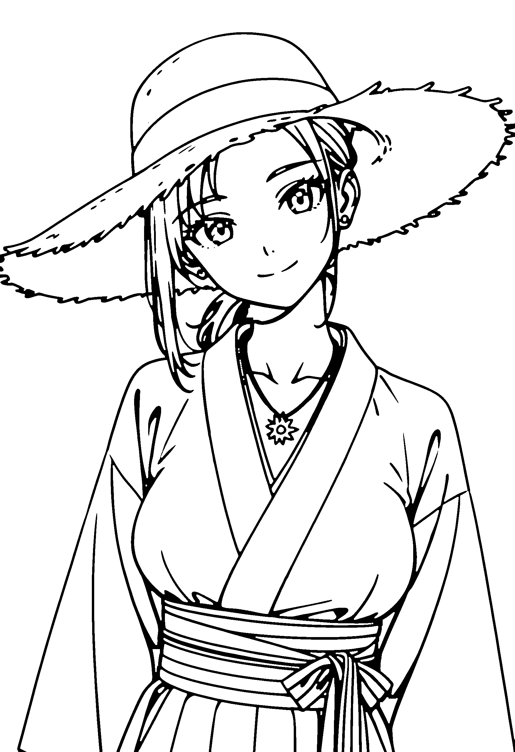 Black and white line art coloring page of an anime girl with medium hair, ponytail, kimono, sun hat, necklace and smiling