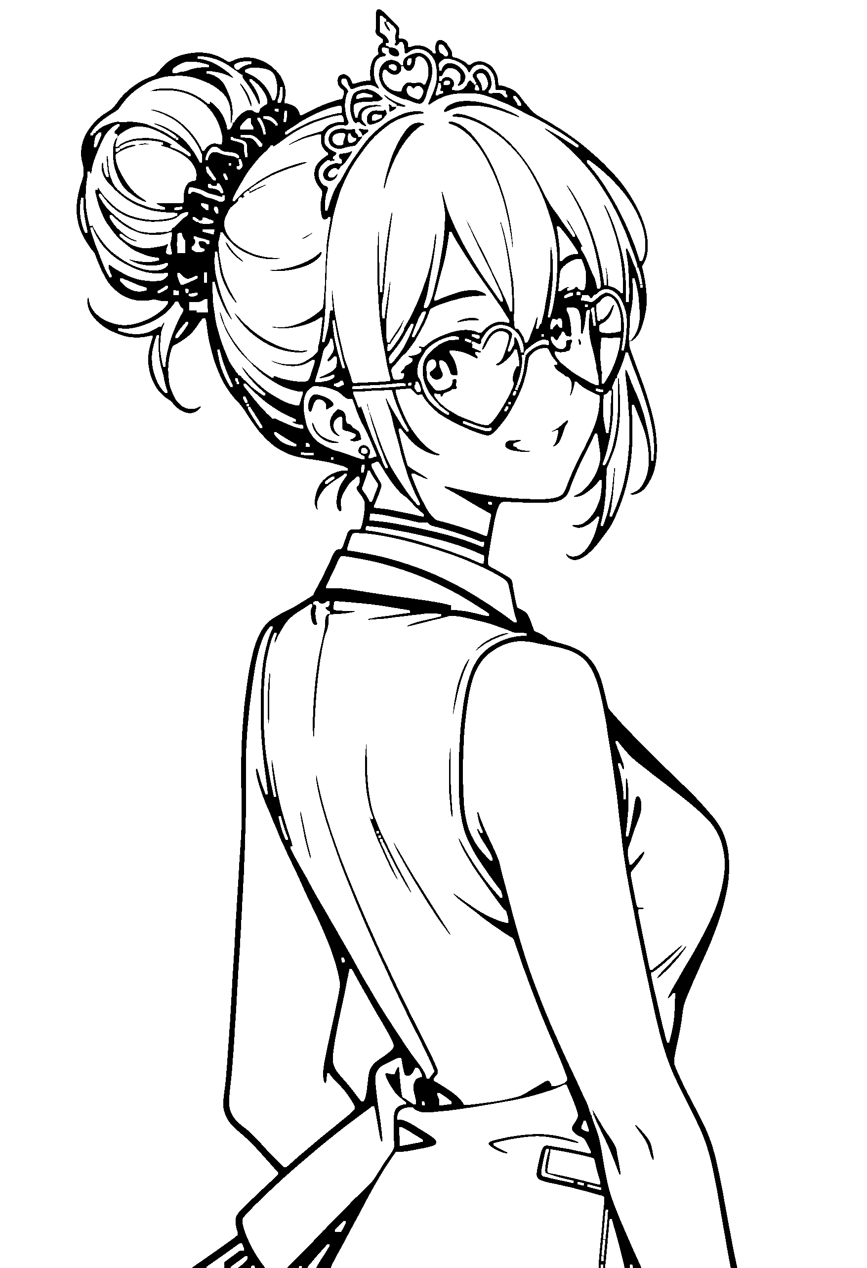 Black and white line art coloring page of an anime girl with medium hair, hair bun, collared shirt, tiara, glasses, choker and grinning