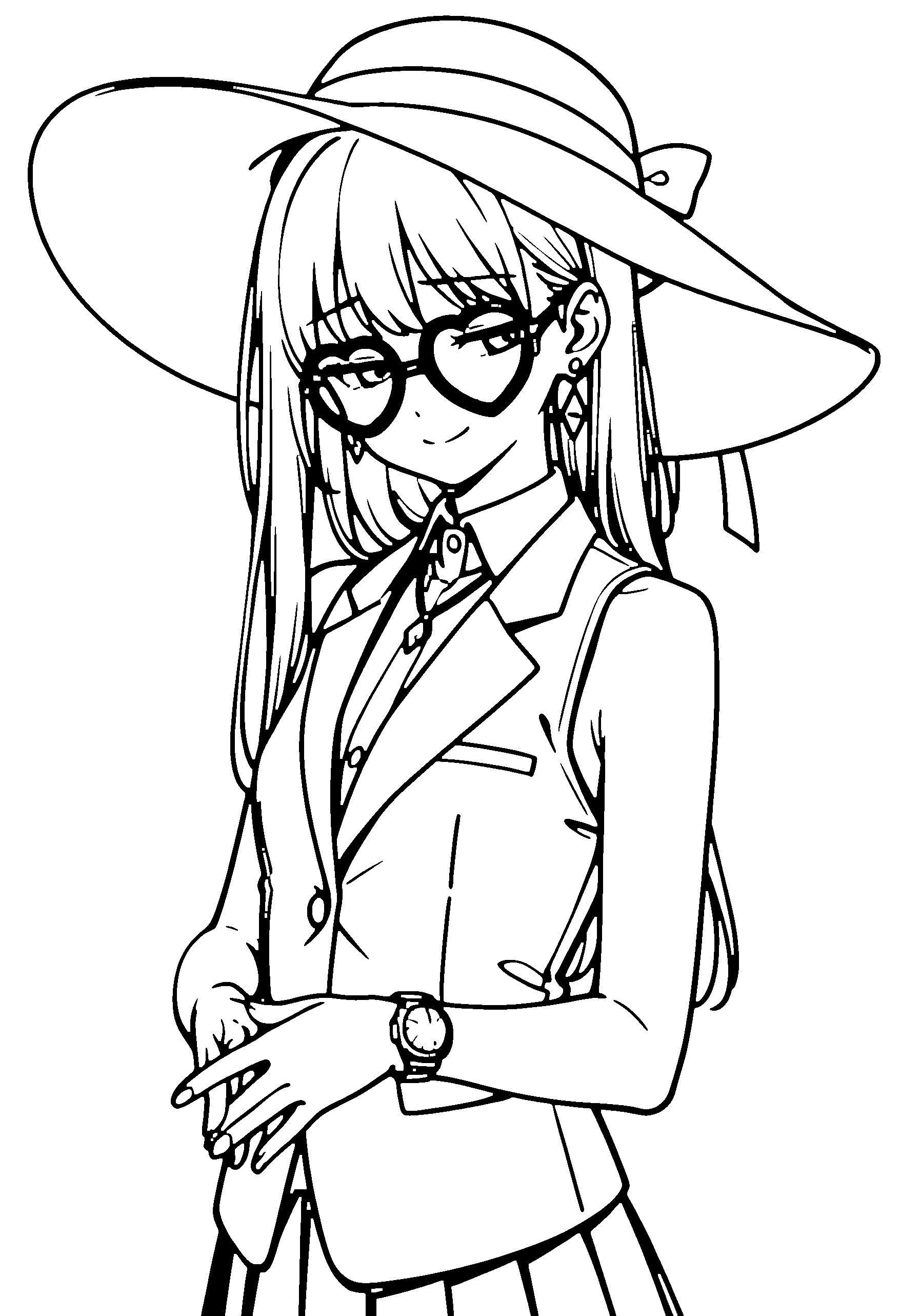 Black and white line art coloring page of an anime girl with long hair, collared shirt, sun hat, glasses, necklace and shy