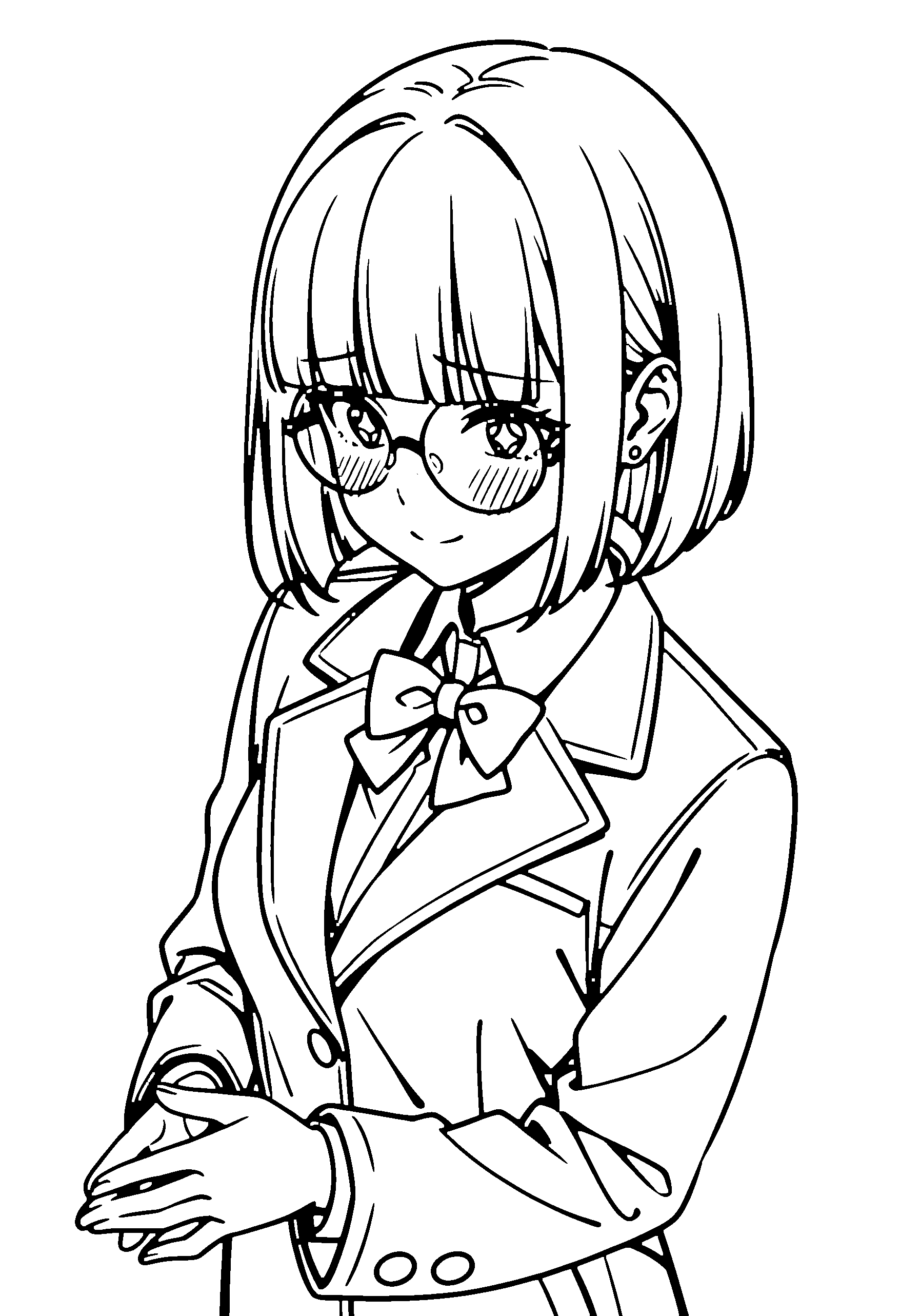 Black and white line art coloring page of an anime girl with bob cut, collared shirt, glasses, bow tie and shy
