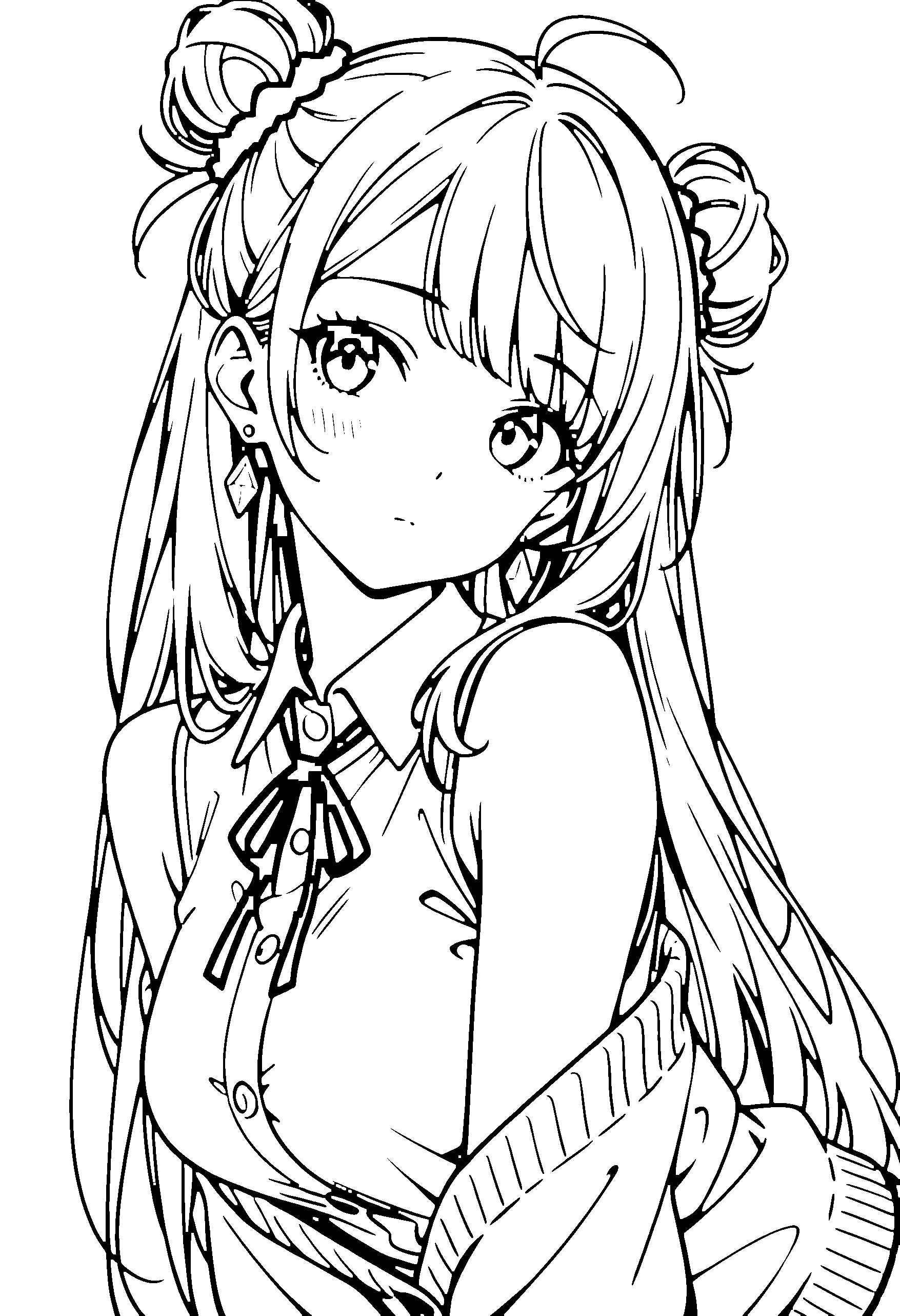 Black and white line art coloring page of an anime girl with long hair, hair bun, collared shirt, ribbon and shy