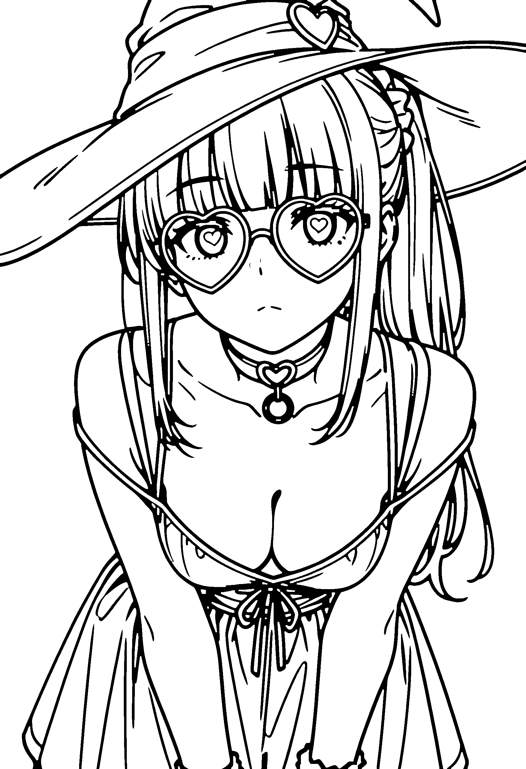 Black and white line art coloring page of an anime girl with witch outfit, long hair, ponytail, dress, glasses, choker and frowning