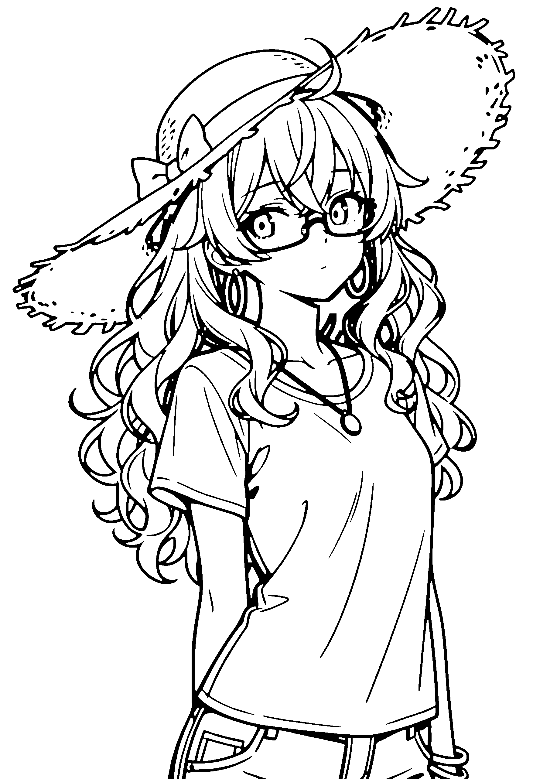 Black and white line art coloring page of an anime girl with long hair, wavy hair, t-shirt, sun hat, glasses, necklace and shy