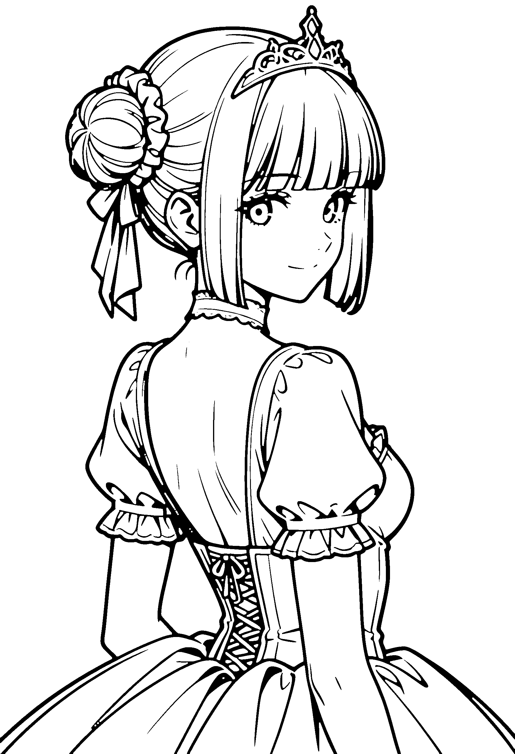 Black and white line art coloring page of an anime girl with princess dress, bob cut, hair bun, ball gown, tiara, choker and smiling