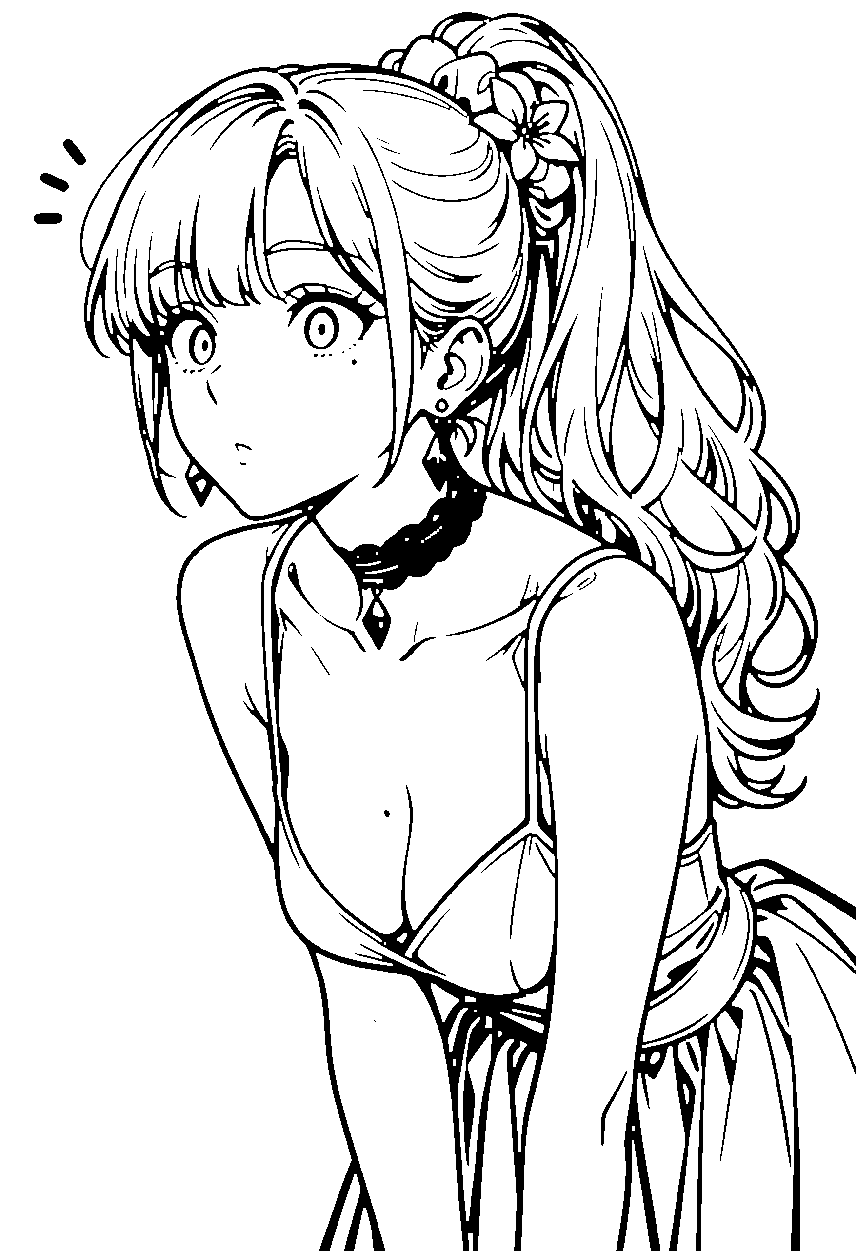 Black and white line art coloring page of an anime girl with long hair, ponytail, dress, hair flower, choker and surprised