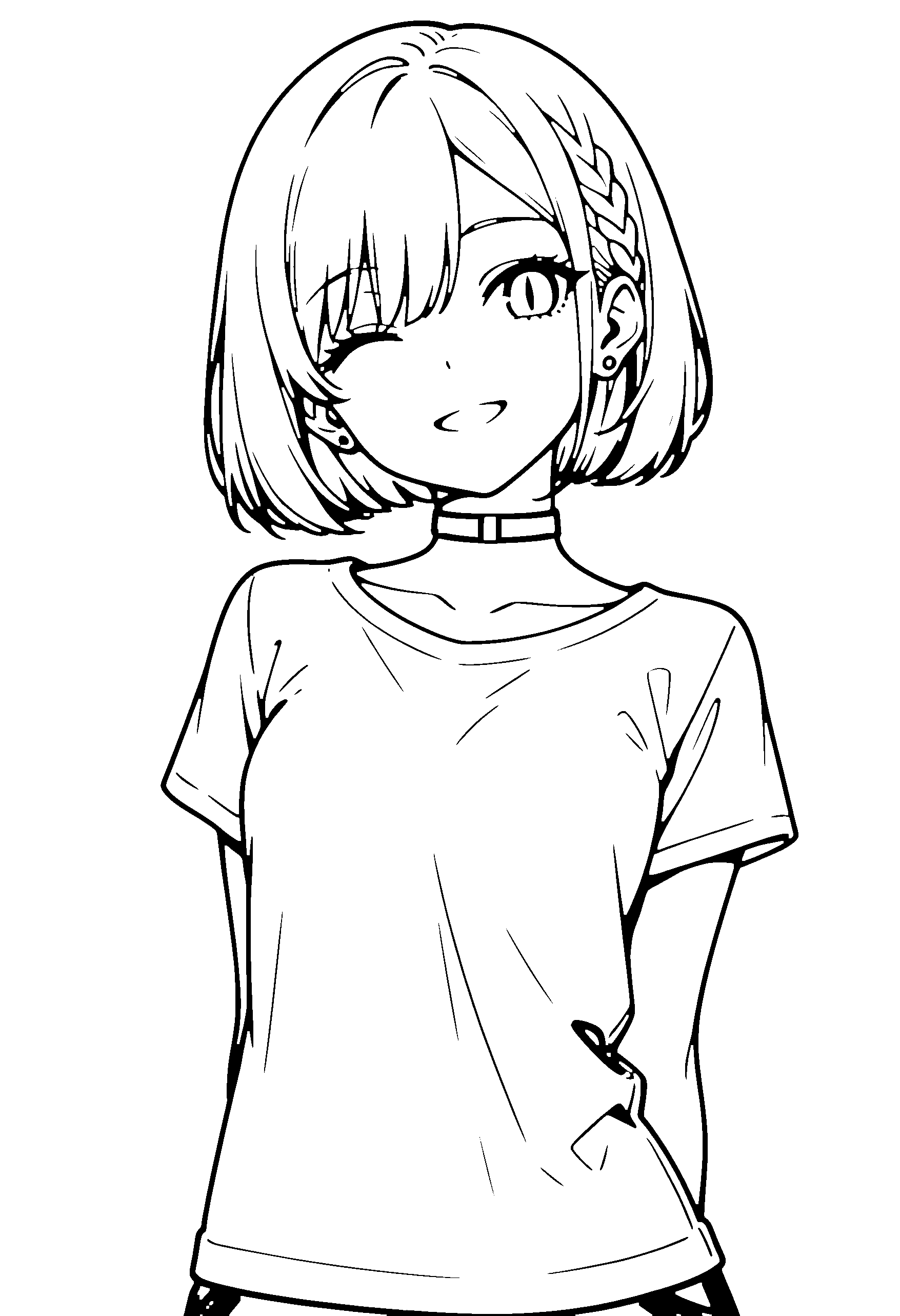 Black and white line art coloring page of an anime girl with bob cut, braid, shirt, choker and smiling