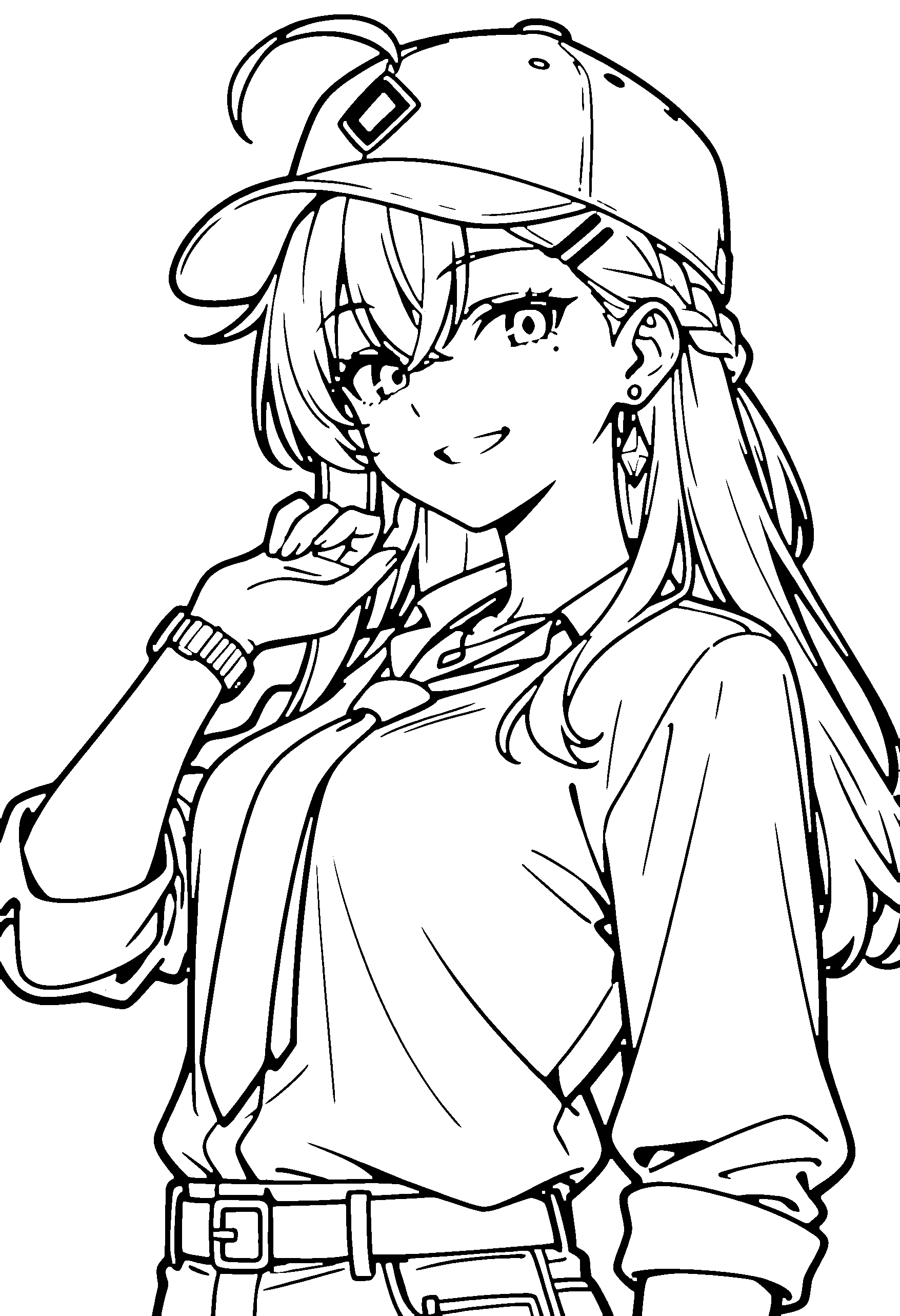 Black and white line art coloring page of an anime girl with long hair, braid, shirt, cap, necklace and grinning