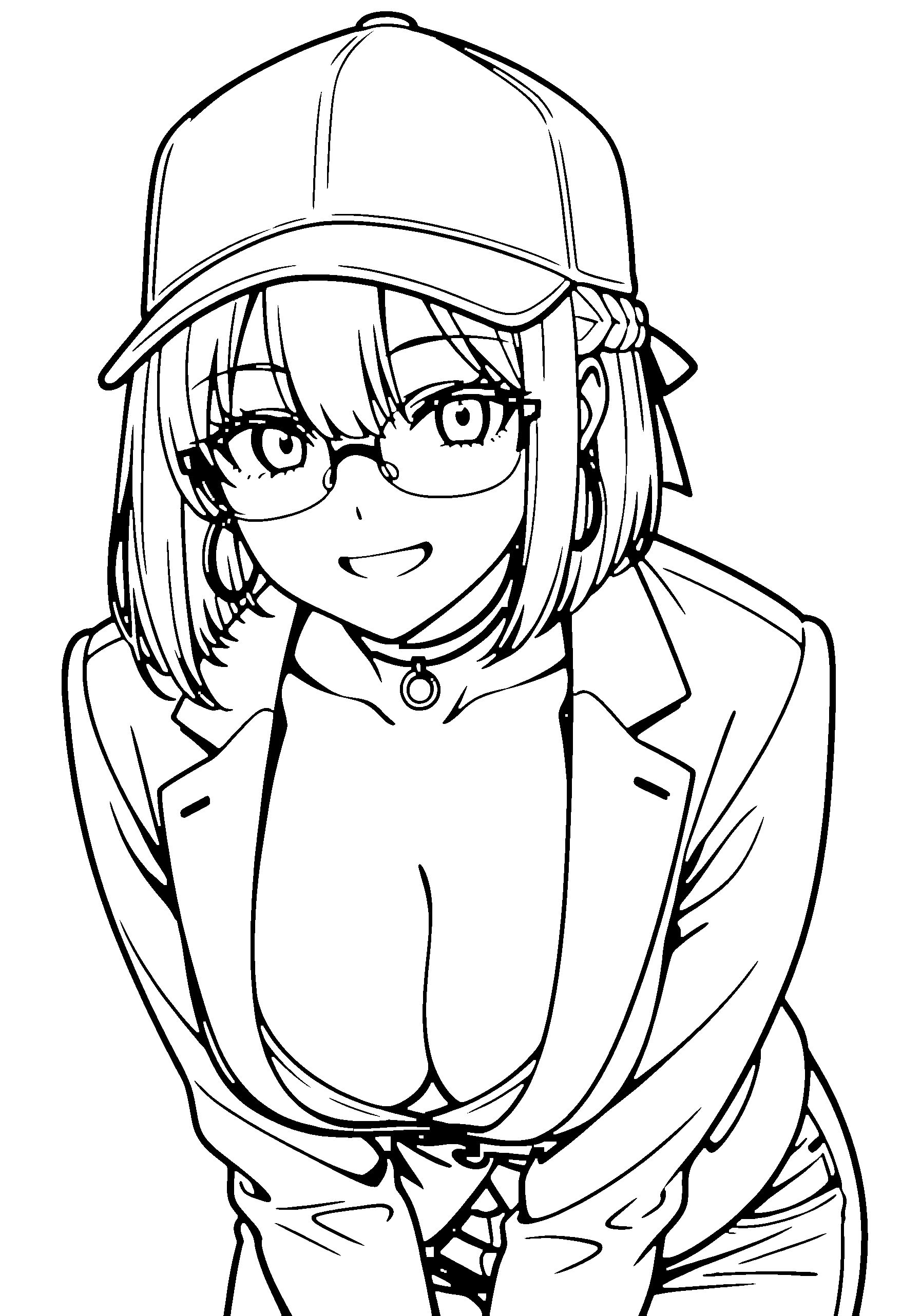 Black and white line art coloring page of an anime girl with bob cut, braid, suit, cap, glasses, choker and grinning