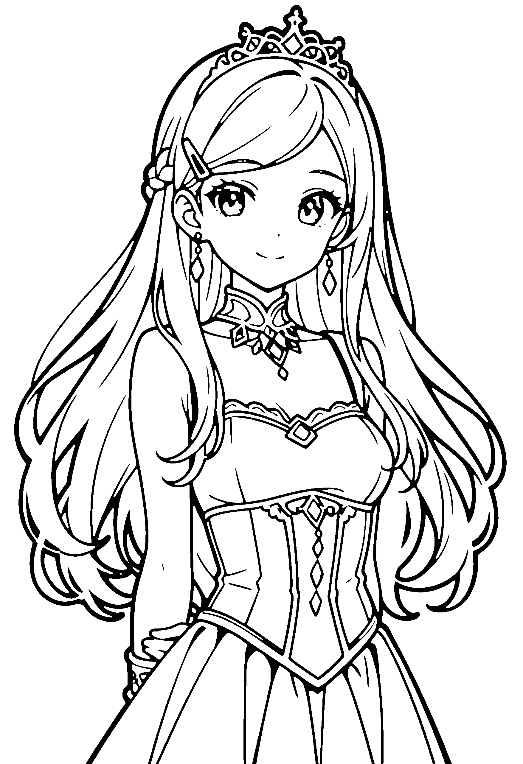 Black and white line art coloring page of an anime girl with princess dress, long hair, braid, dress, tiara and smiling