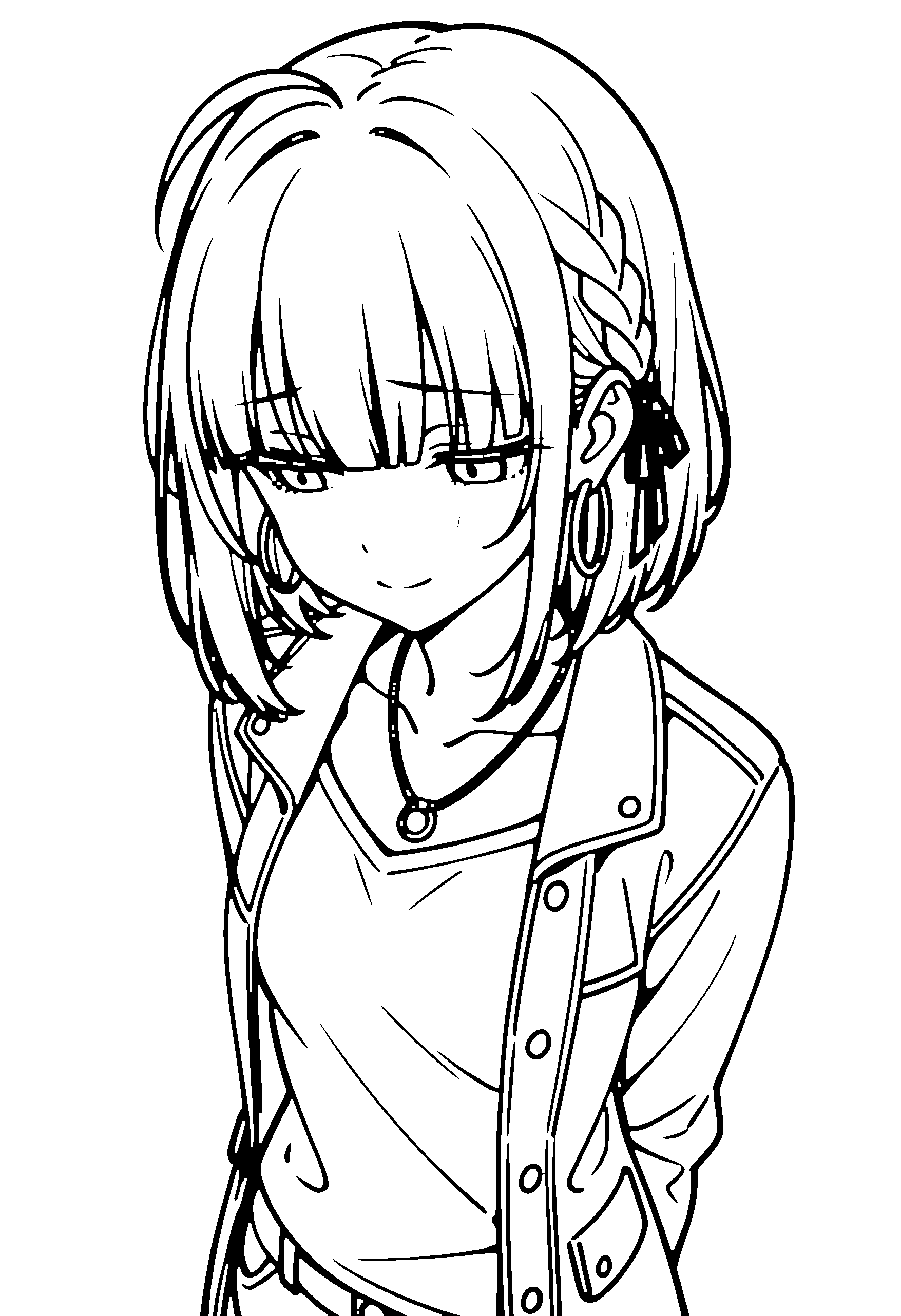 Black and white line art coloring page of an anime girl with medium hair, braid, shirt, necklace and shy