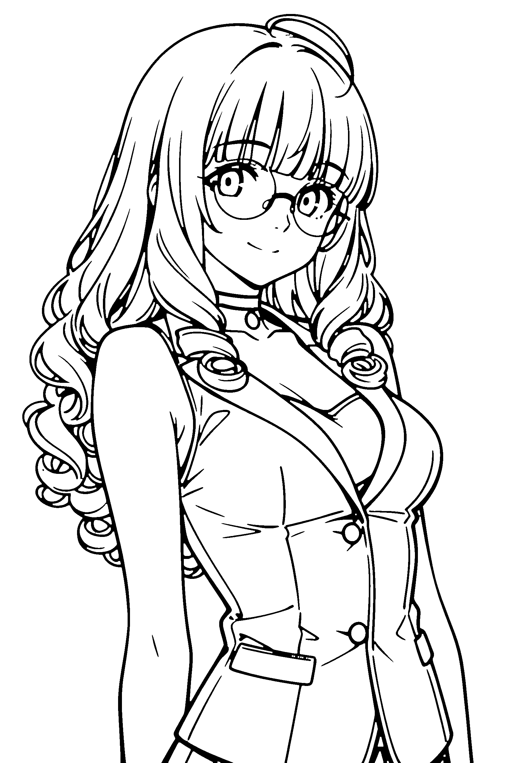 Black and white line art coloring page of an anime girl with long hair, curly hair, suit, glasses, choker and smiling