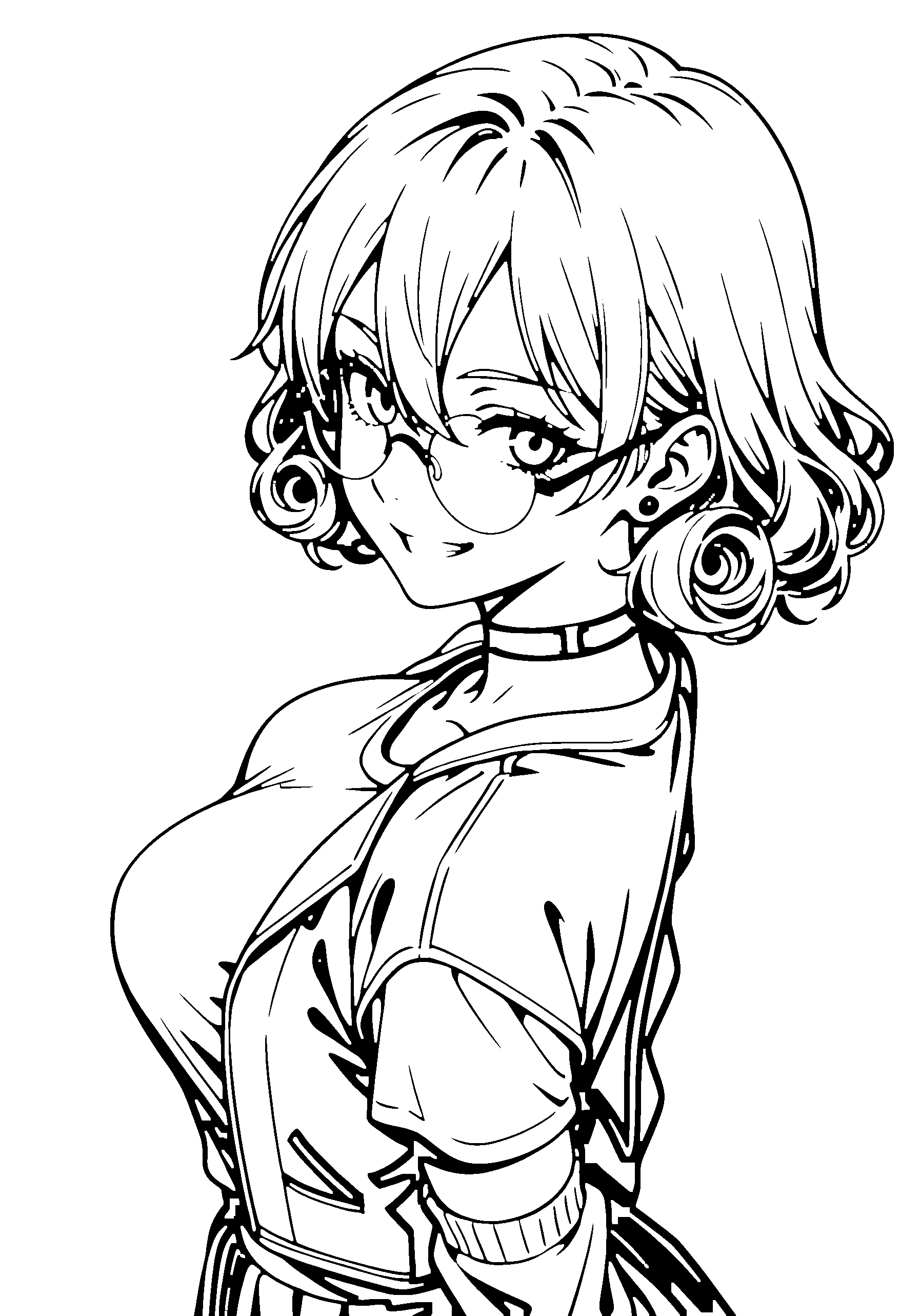 Black and white line art coloring page of an anime girl with medium hair, curly hair, jacket, glasses, choker and grinning