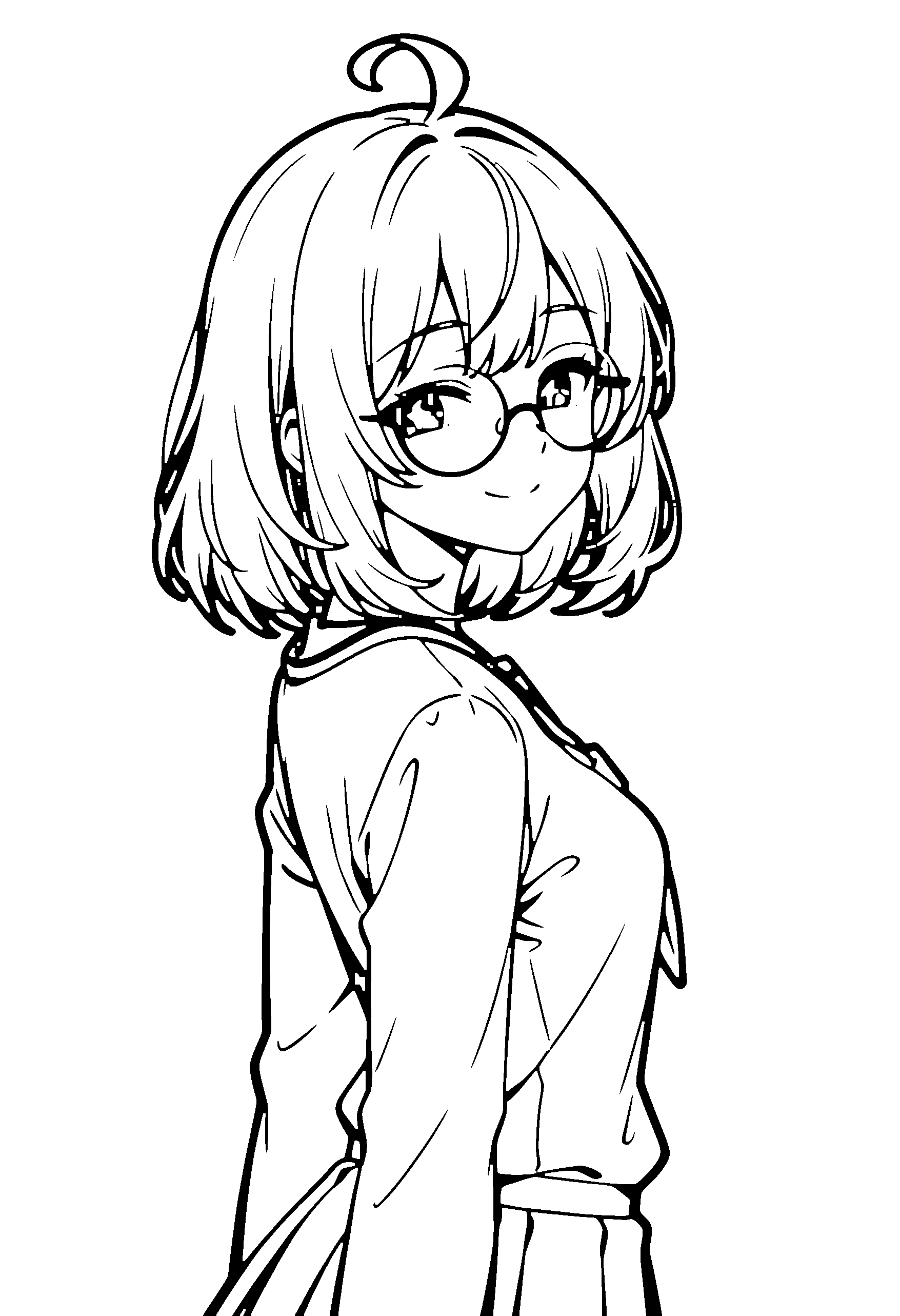 Black and white line art coloring page of an anime girl with medium hair, school uniform, glasses, necklace and smiling