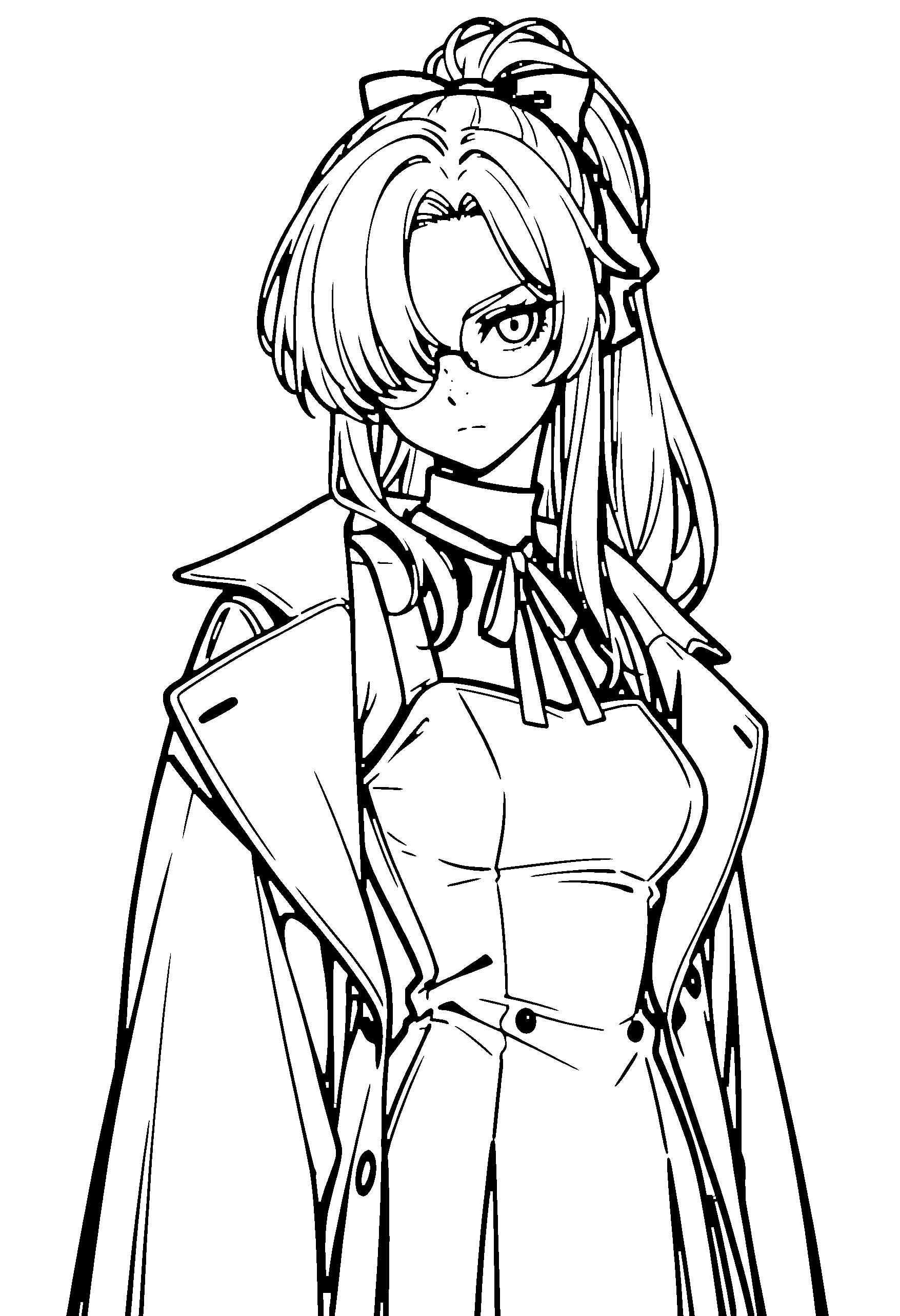 Black and white line art coloring page of an anime girl with long hair, ponytail, coat, glasses, ribbon and serious