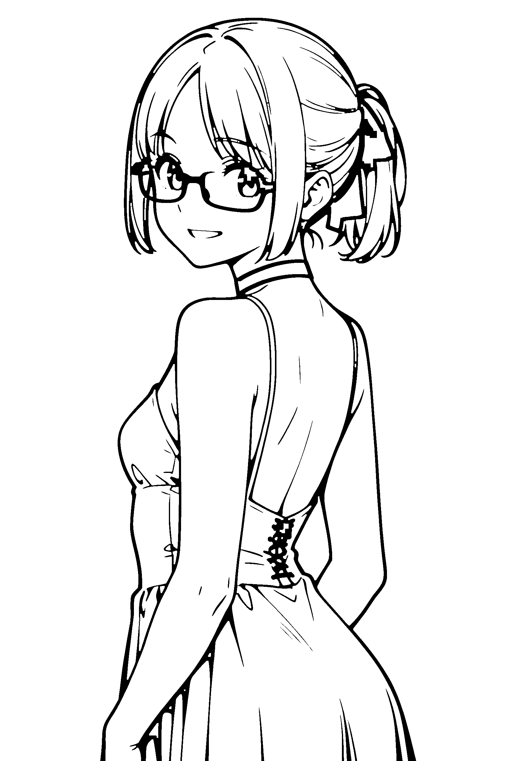 Black and white line art coloring page of an anime girl with bob cut, ponytail, dress, glasses, choker and grinning