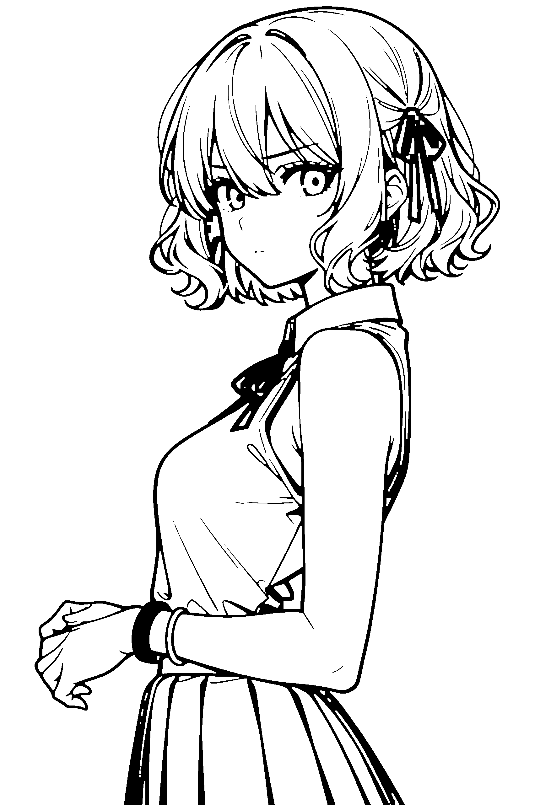 Black and white line art coloring page of an anime girl with bob cut, wavy hair, school uniform, ribbon and frowning