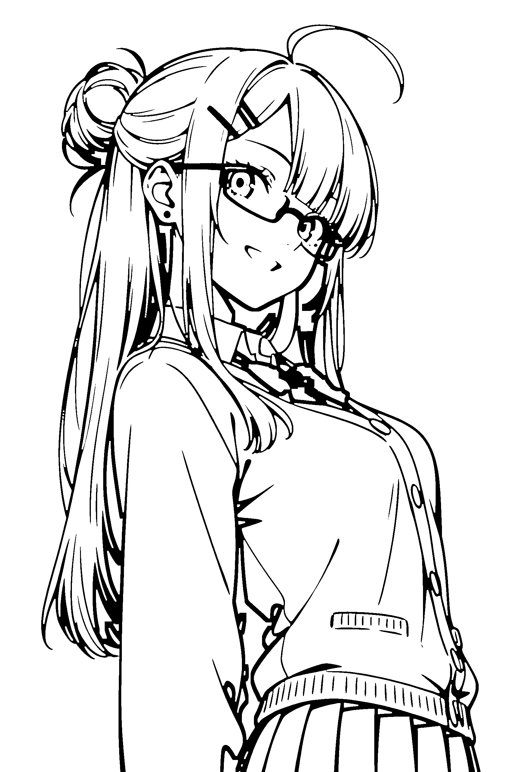 Black and white line art coloring page of an anime girl with long hair, hair bun, school uniform, glasses and grinning