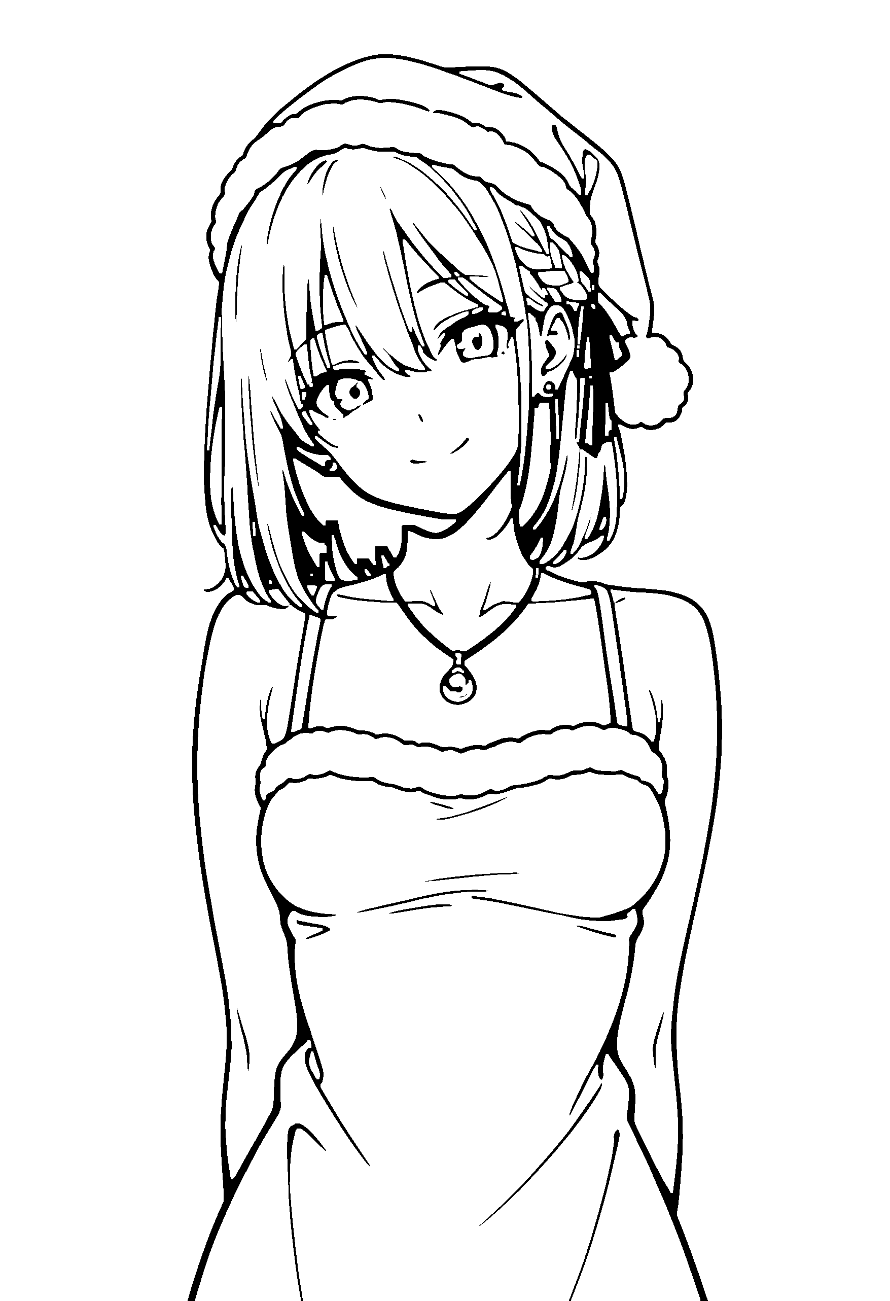 Black and white line art coloring page of an anime girl with santa costume, medium hair, braid, necklace and smiling