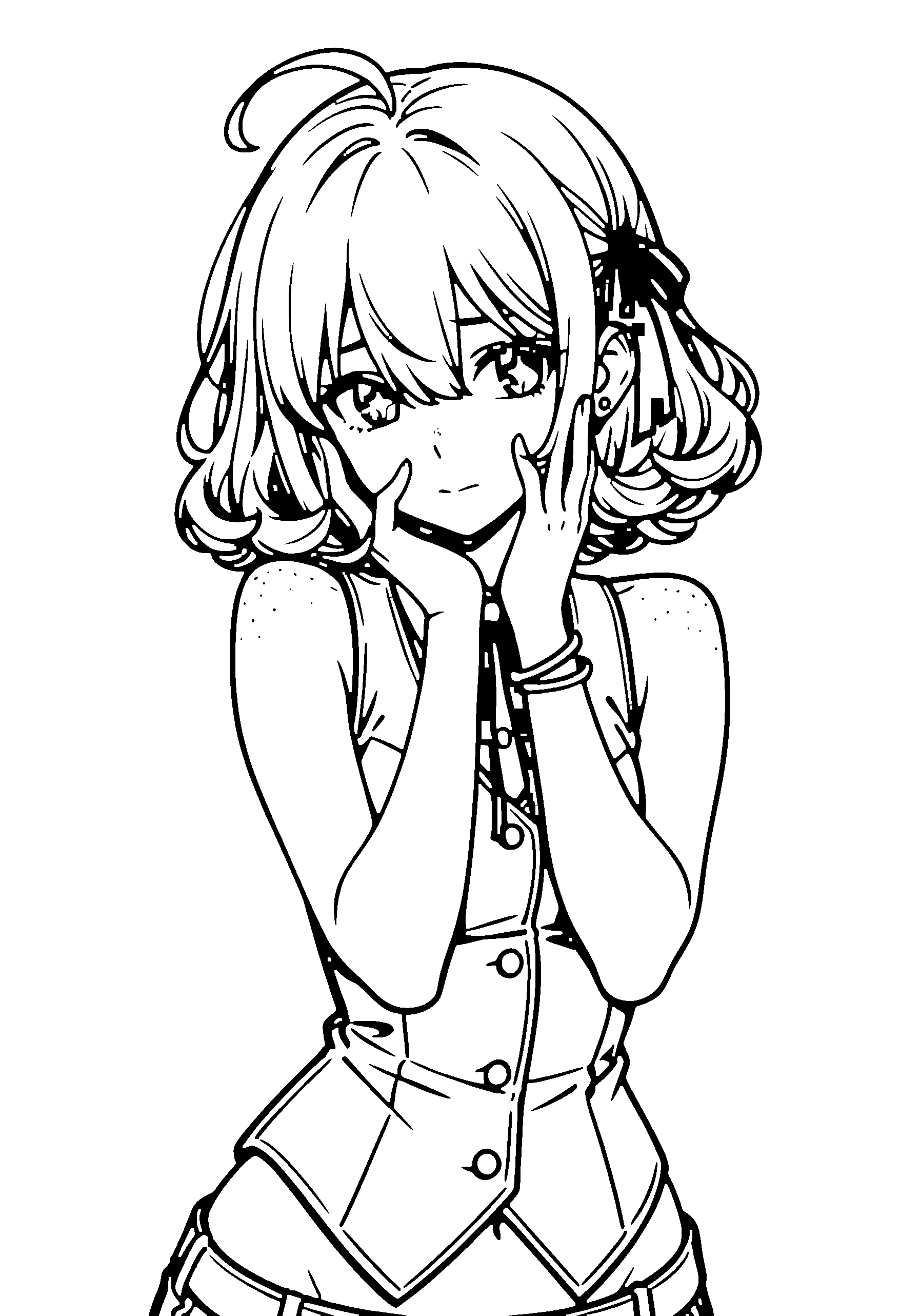 Black and white line art coloring page of an anime girl with bob cut, curly hair, vest, ribbon and shy
