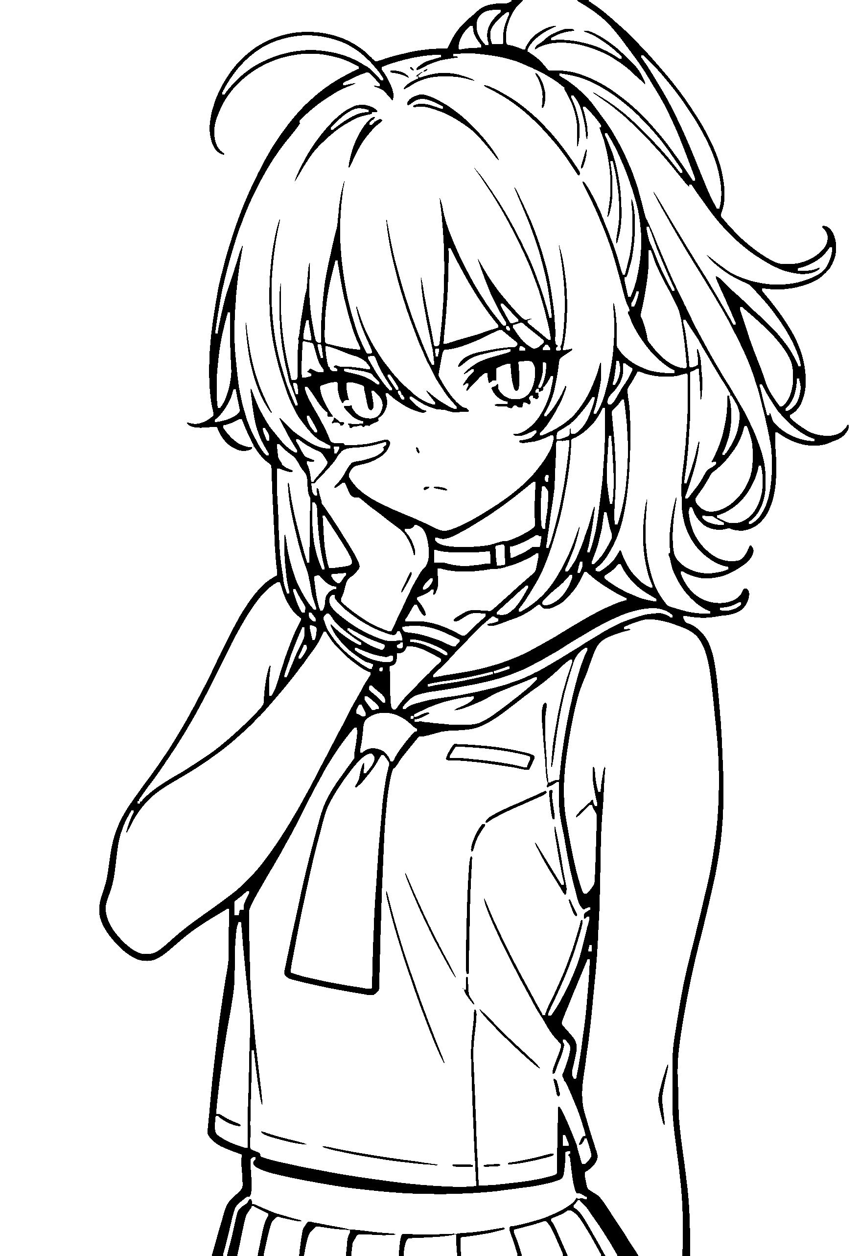 Black and white line art coloring page of an anime girl with long hair, ponytail, school uniform, choker and frowning
