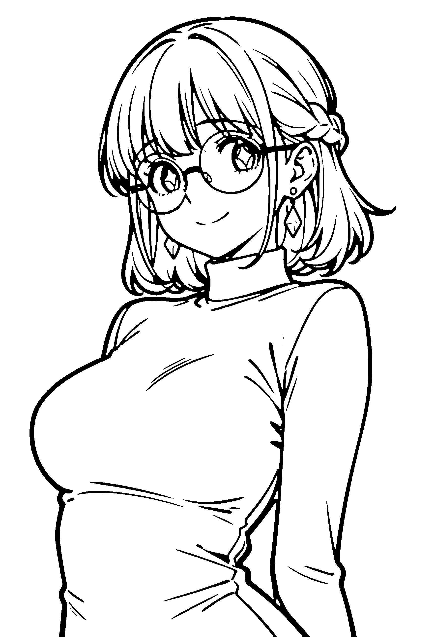 Black and white line art coloring page of an anime girl with medium hair, braid, turtleneck, glasses, choker and shy