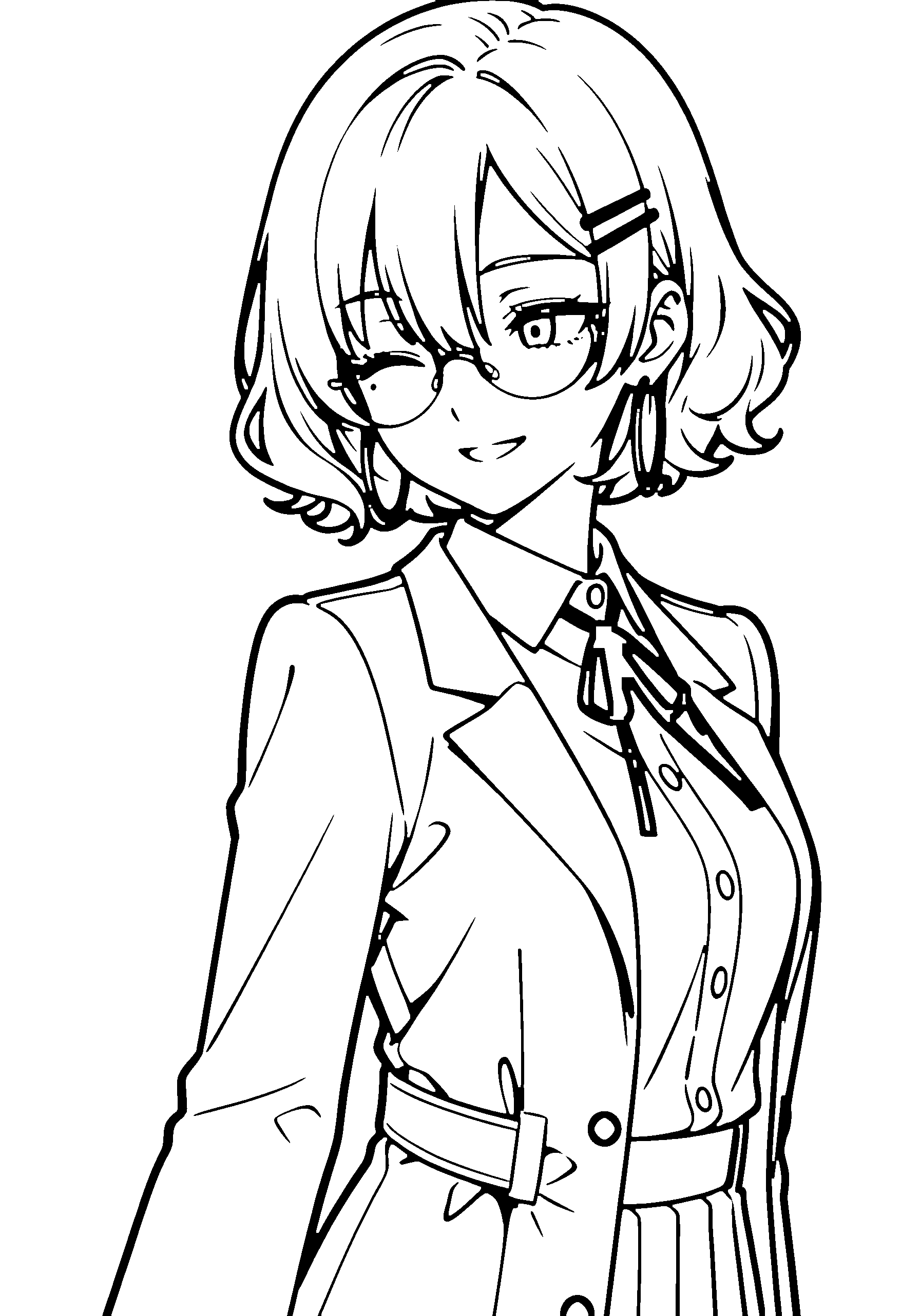 Black and white line art coloring page of an anime girl with bob cut, wavy hair, collared shirt, glasses, ribbon and smiling