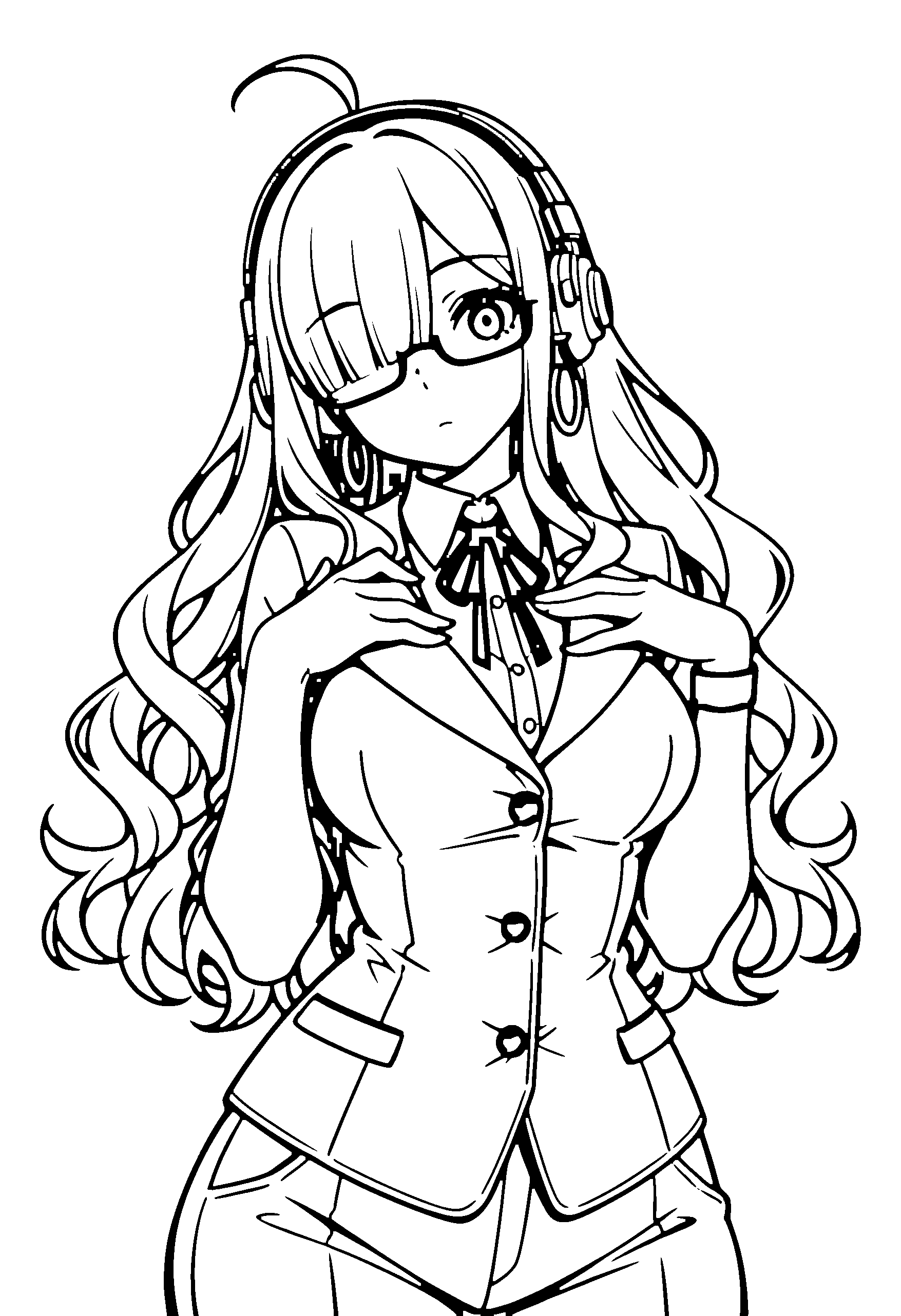 Black and white line art coloring page of an anime girl with long hair, wavy hair, suit, headphones, glasses, ribbon and surprised