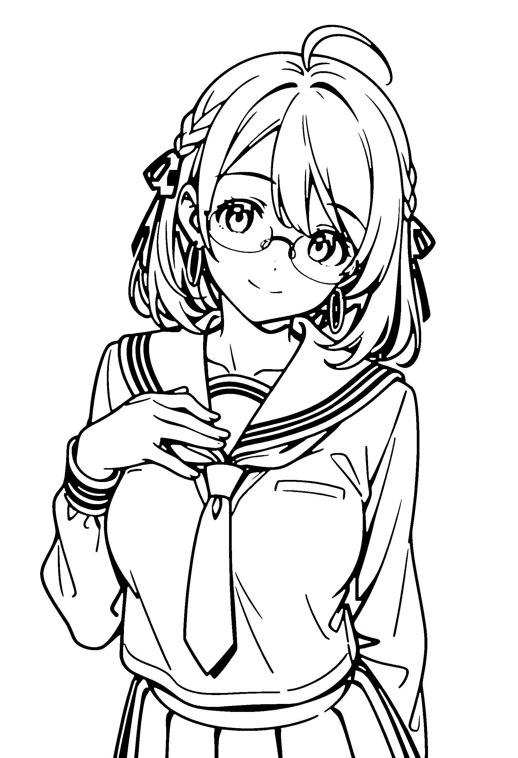 Black and white line art coloring page of an anime girl with medium hair, braid, school uniform, glasses and smiling
