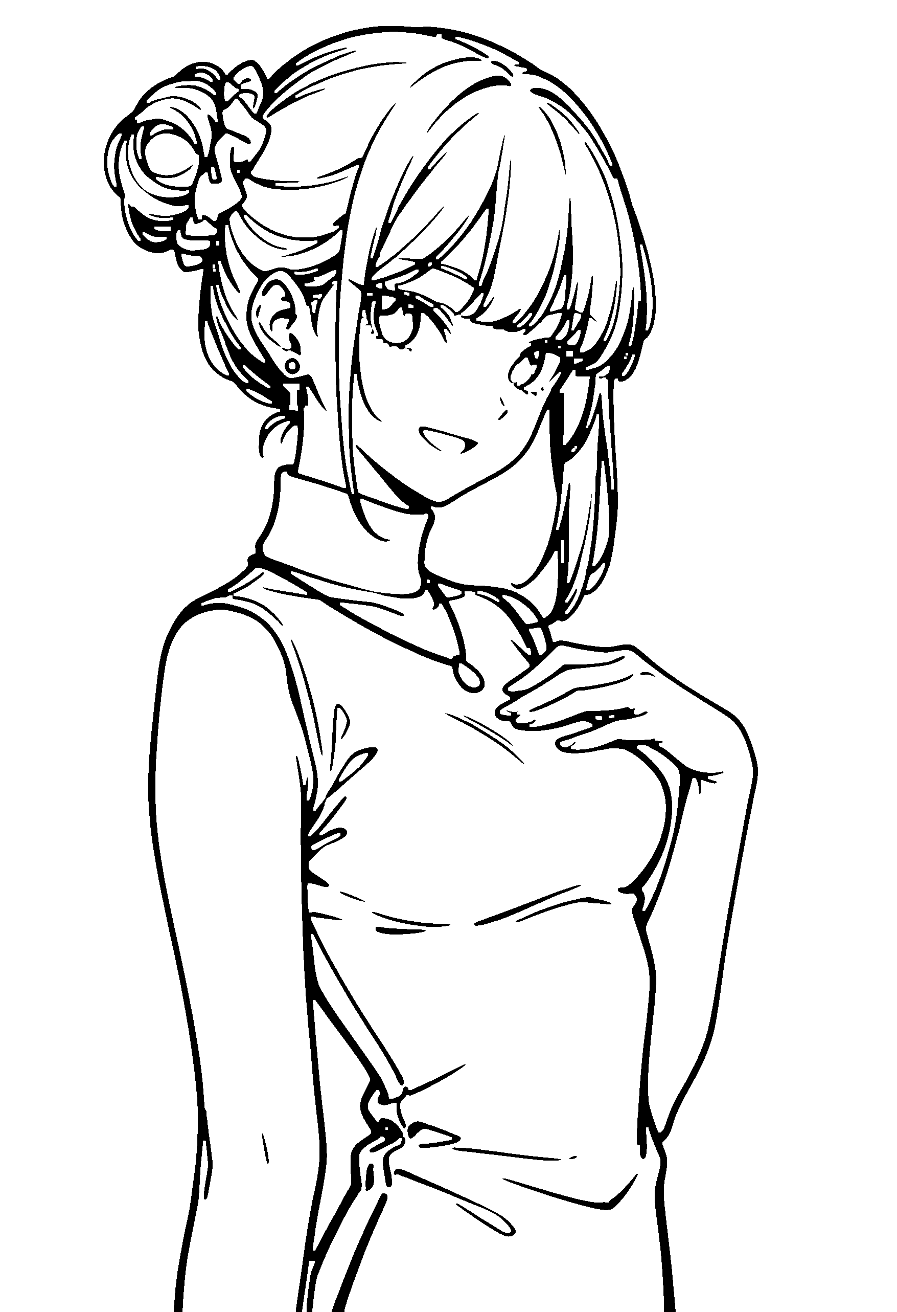 Black and white line art coloring page of an anime girl with medium hair, hair bun, turtleneck, necklace and smiling