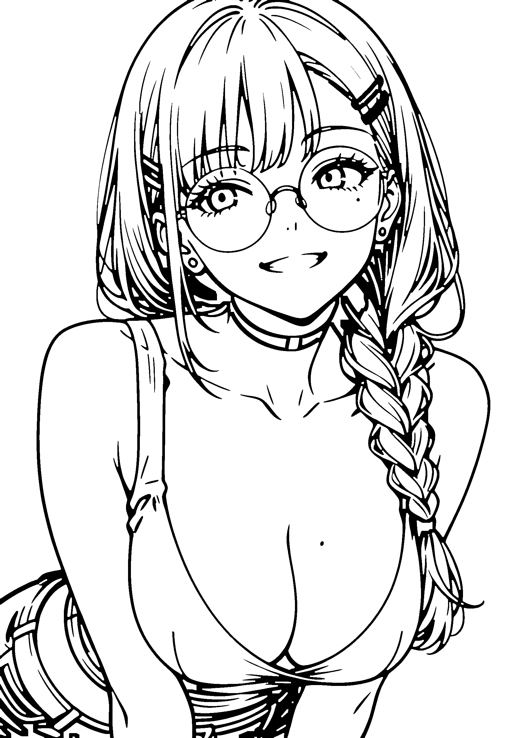 Black and white line art coloring page of an anime girl with long hair, braid, suit, glasses, choker and grinning