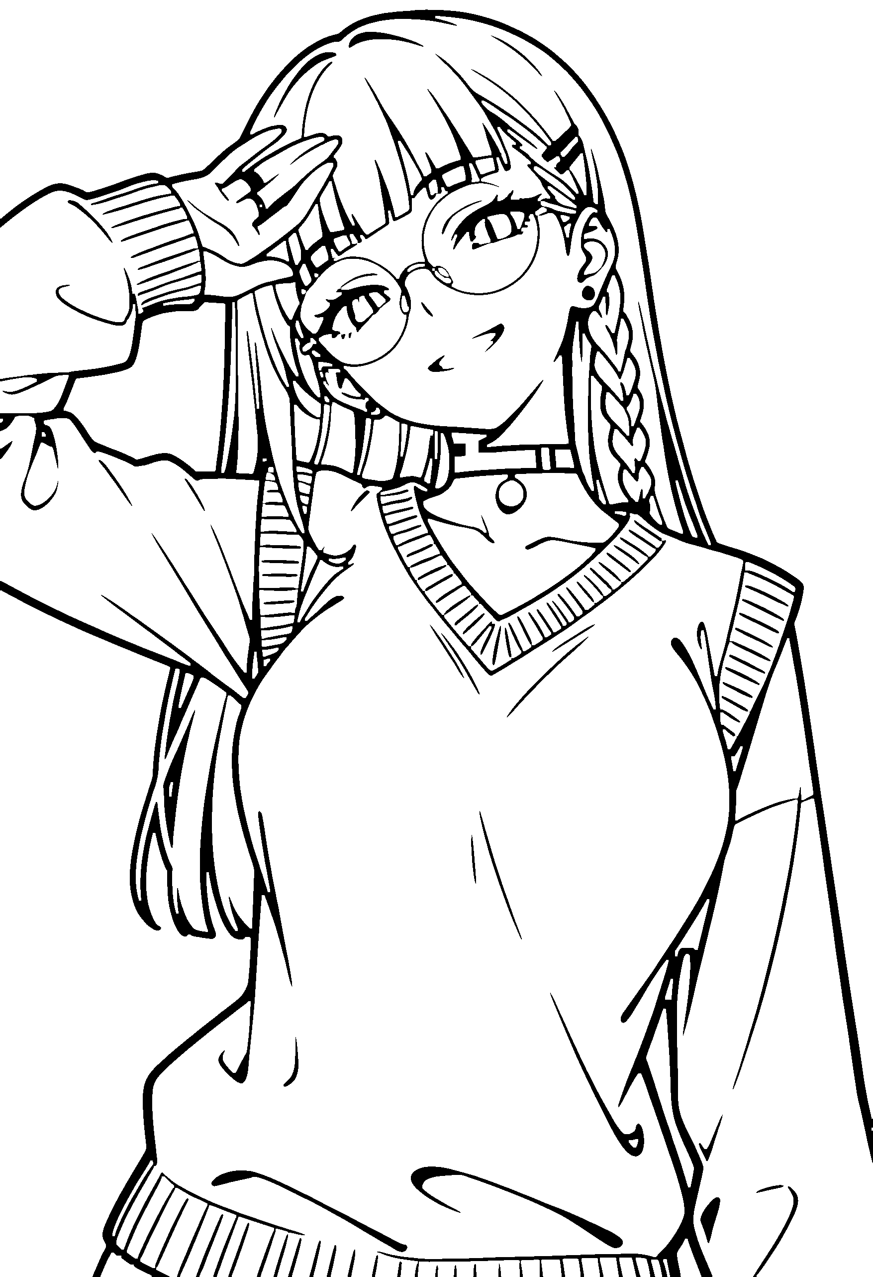 Black and white line art coloring page of an anime girl with long hair, braid, sweater vest, glasses, choker and grinning