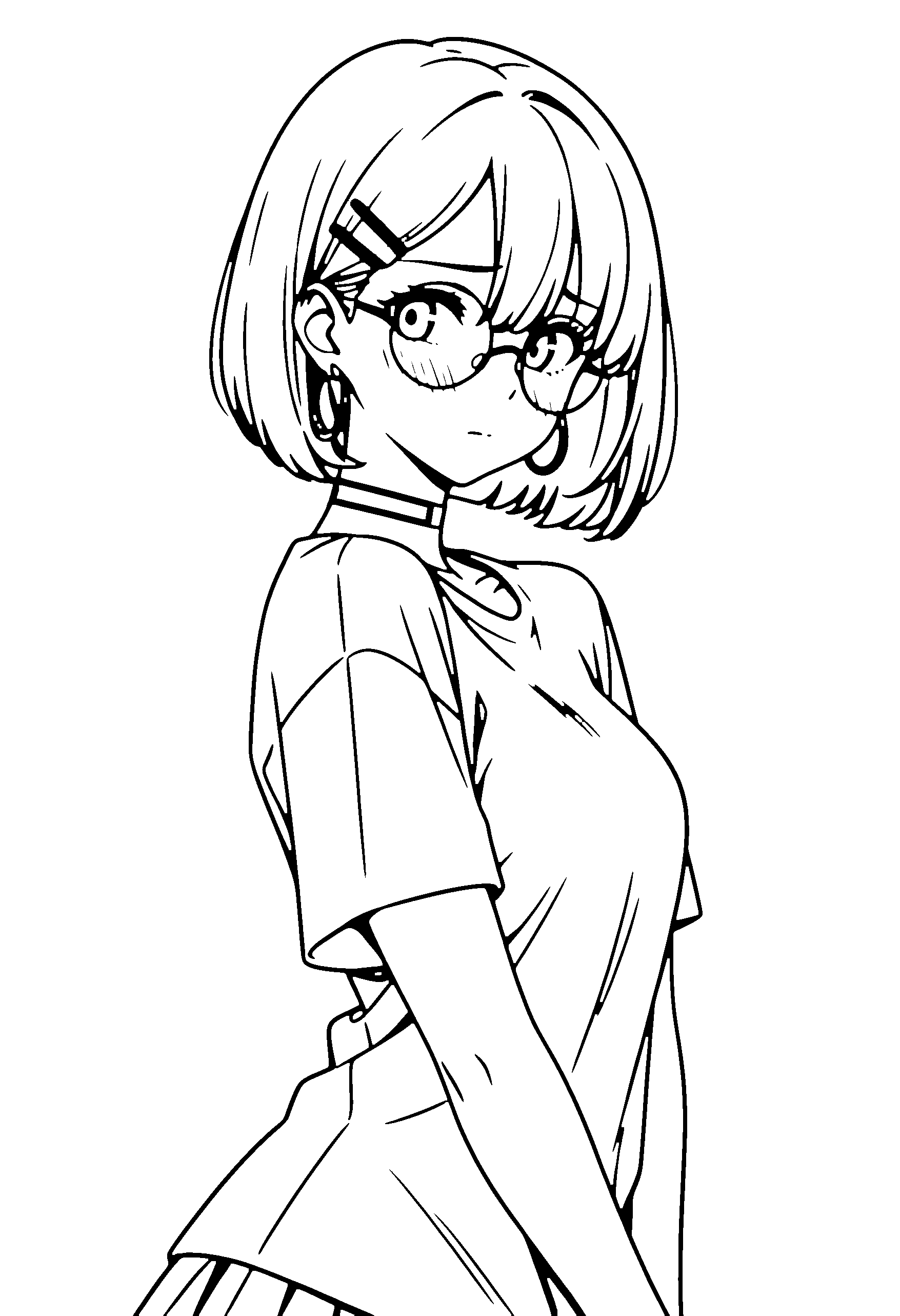 Black and white line art coloring page of an anime girl with bob cut, shirt, glasses, choker and shy