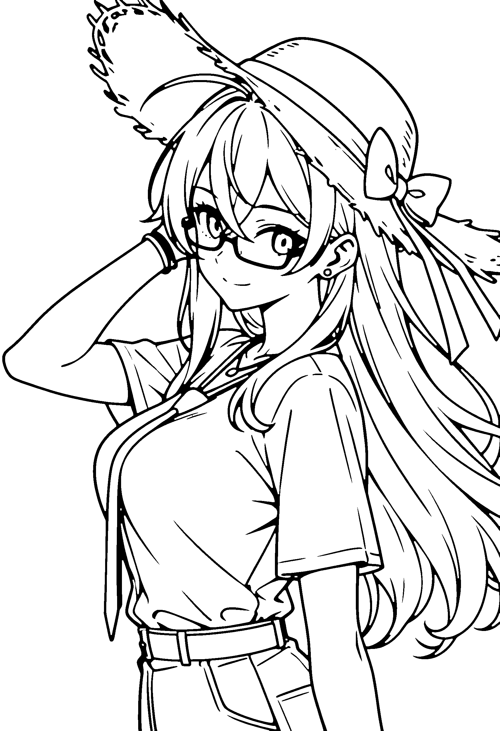 Black and white line art coloring page of an anime girl with long hair, shirt, sun hat, glasses, necklace and smiling