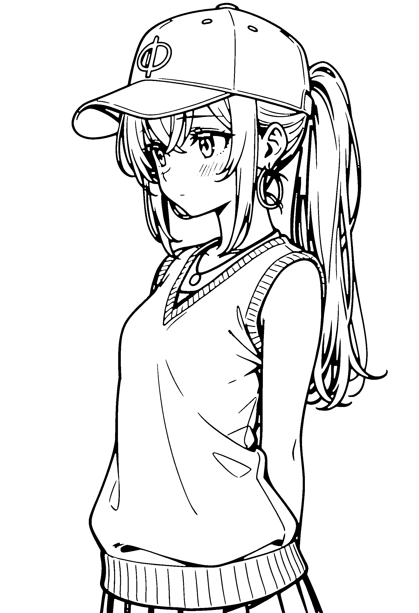 Black and white line art coloring page of an anime girl with long hair, ponytail, sweater vest, cap, necklace and shy