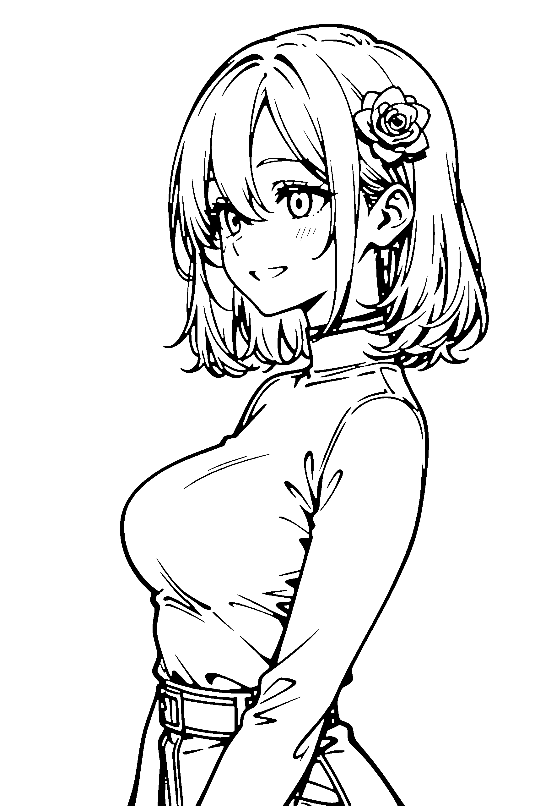 Black and white line art coloring page of an anime girl with medium hair, turtleneck, hair flower, choker and grinning