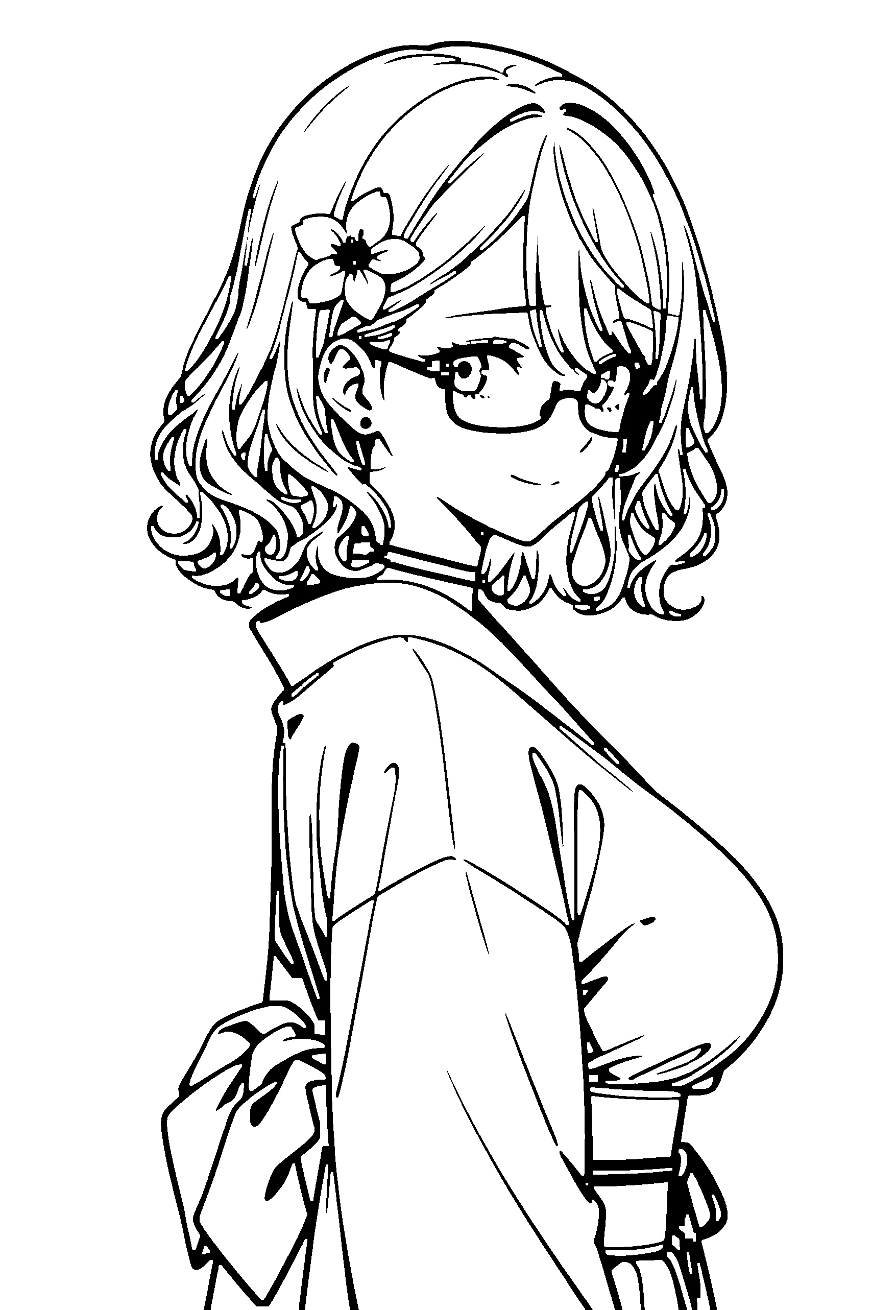 Black and white line art coloring page of an anime girl with medium hair, wavy hair, kimono, hair flower, glasses, choker and shy