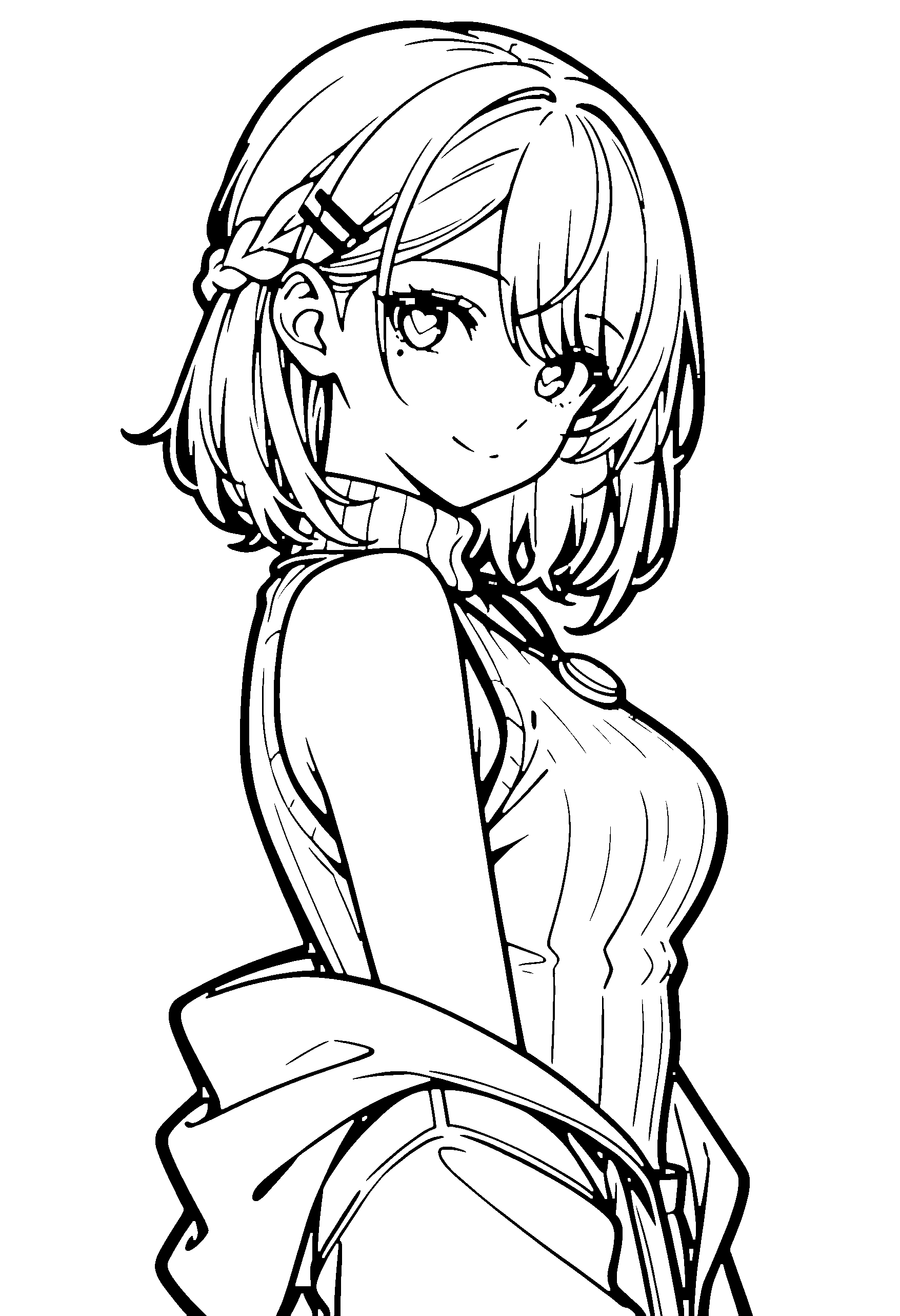Black and white line art coloring page of an anime girl with medium hair, braid, coat, necklace and smiling