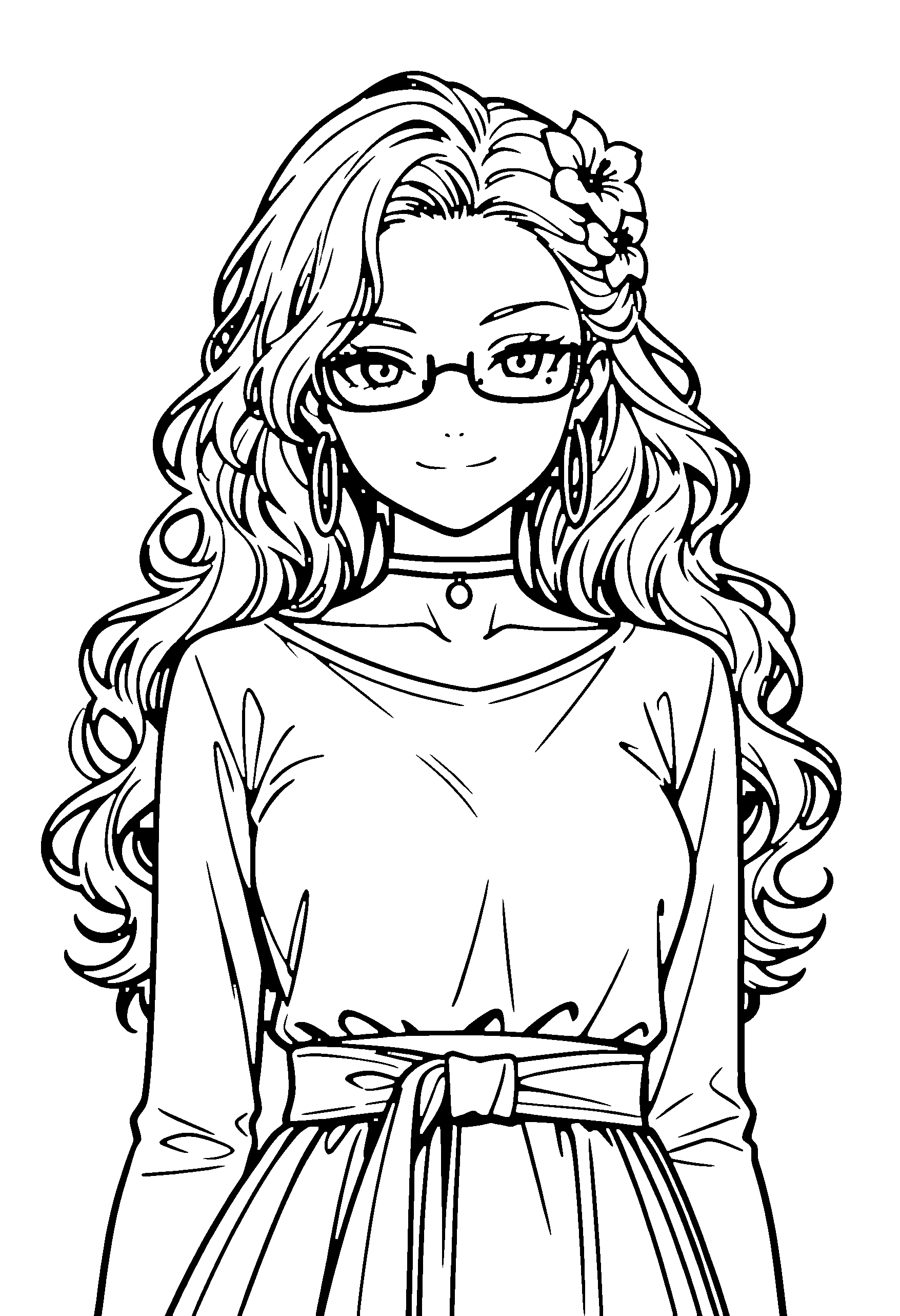 Black and white line art coloring page of an anime girl with long hair, wavy hair, shirt, hair flower, glasses, choker and smiling