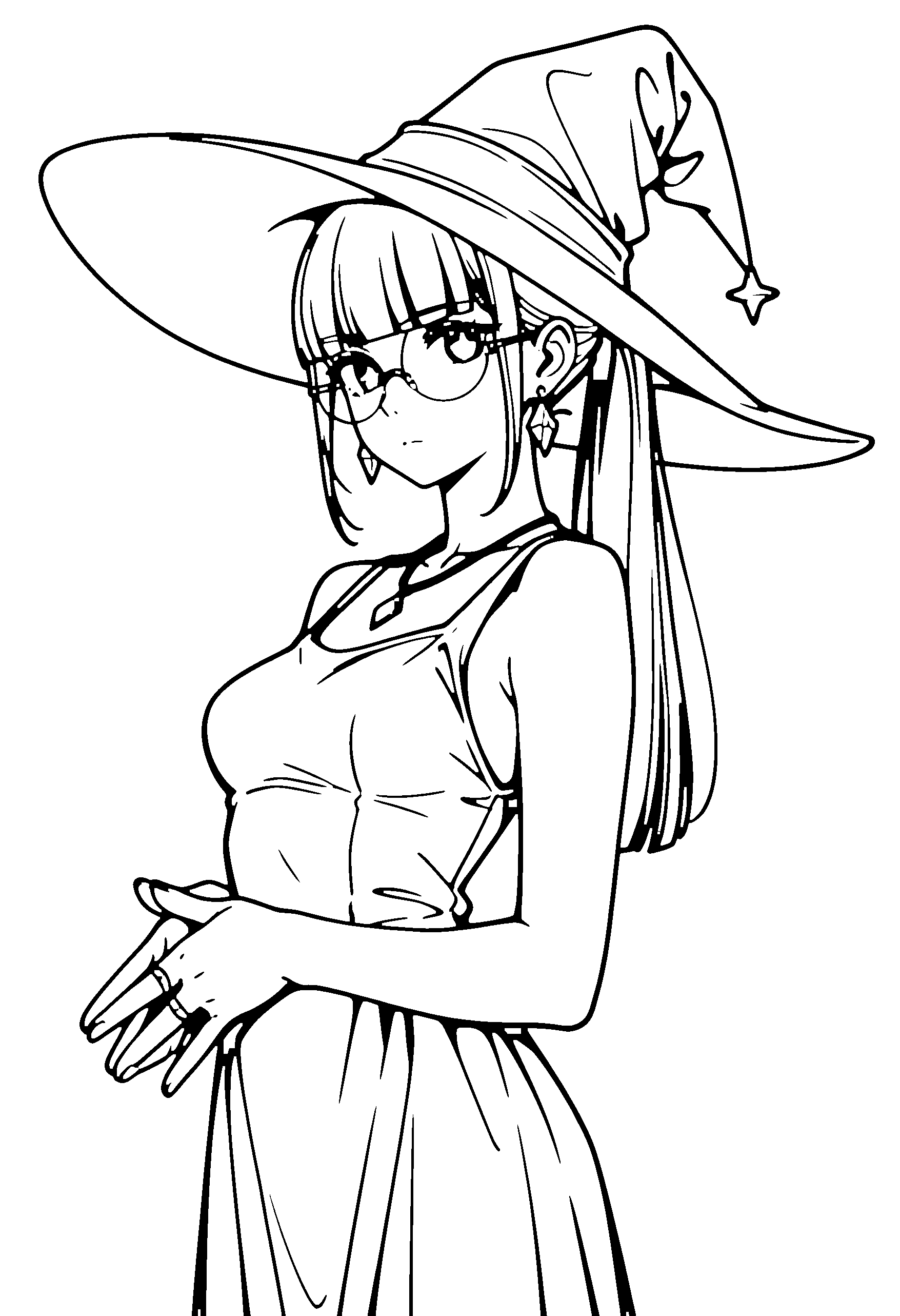 Black and white line art coloring page of an anime girl with witch outfit, long hair, ponytail, dress, glasses, necklace and serious