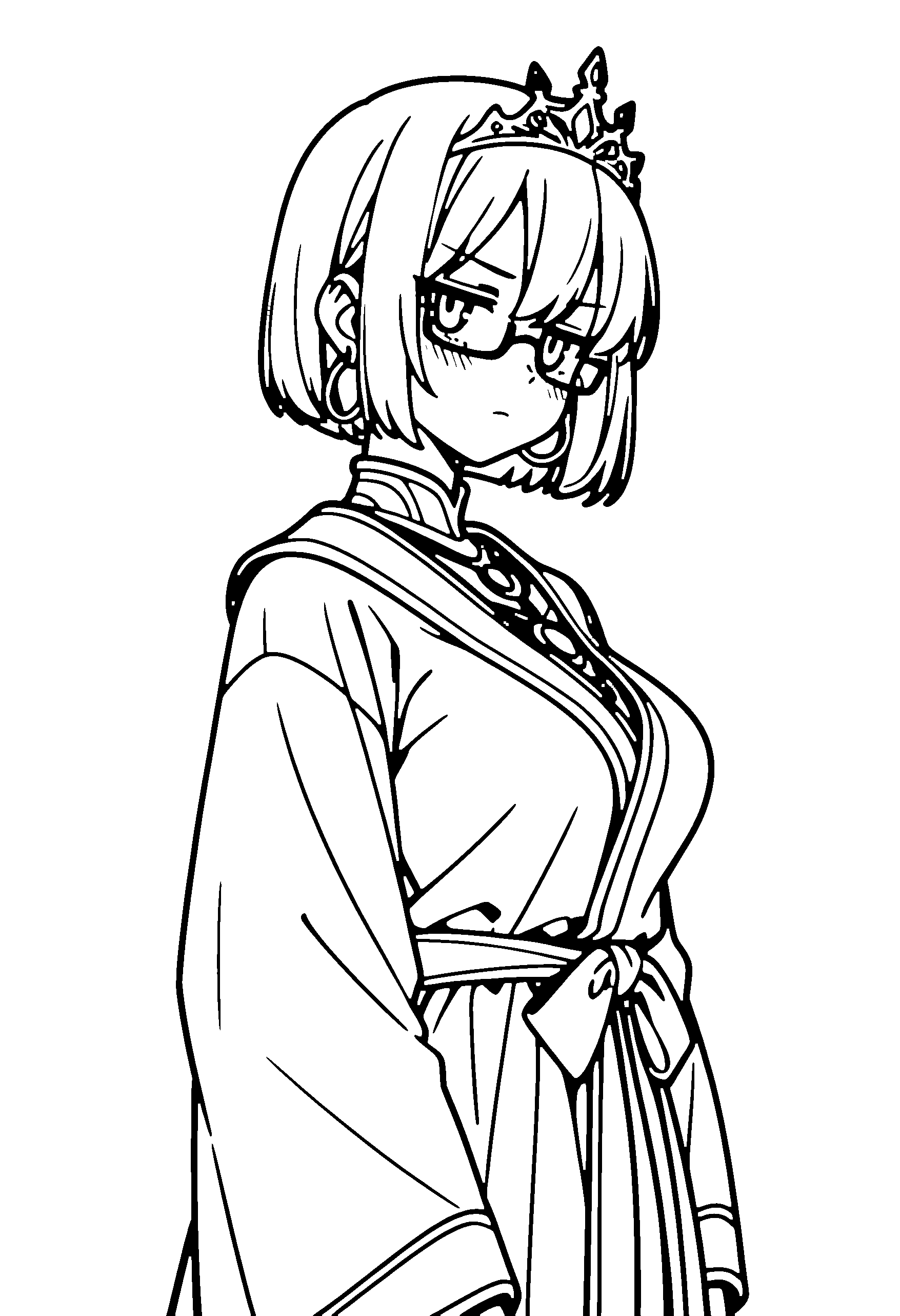 Black and white line art coloring page of an anime girl with bob cut, robe, tiara, glasses and frowning