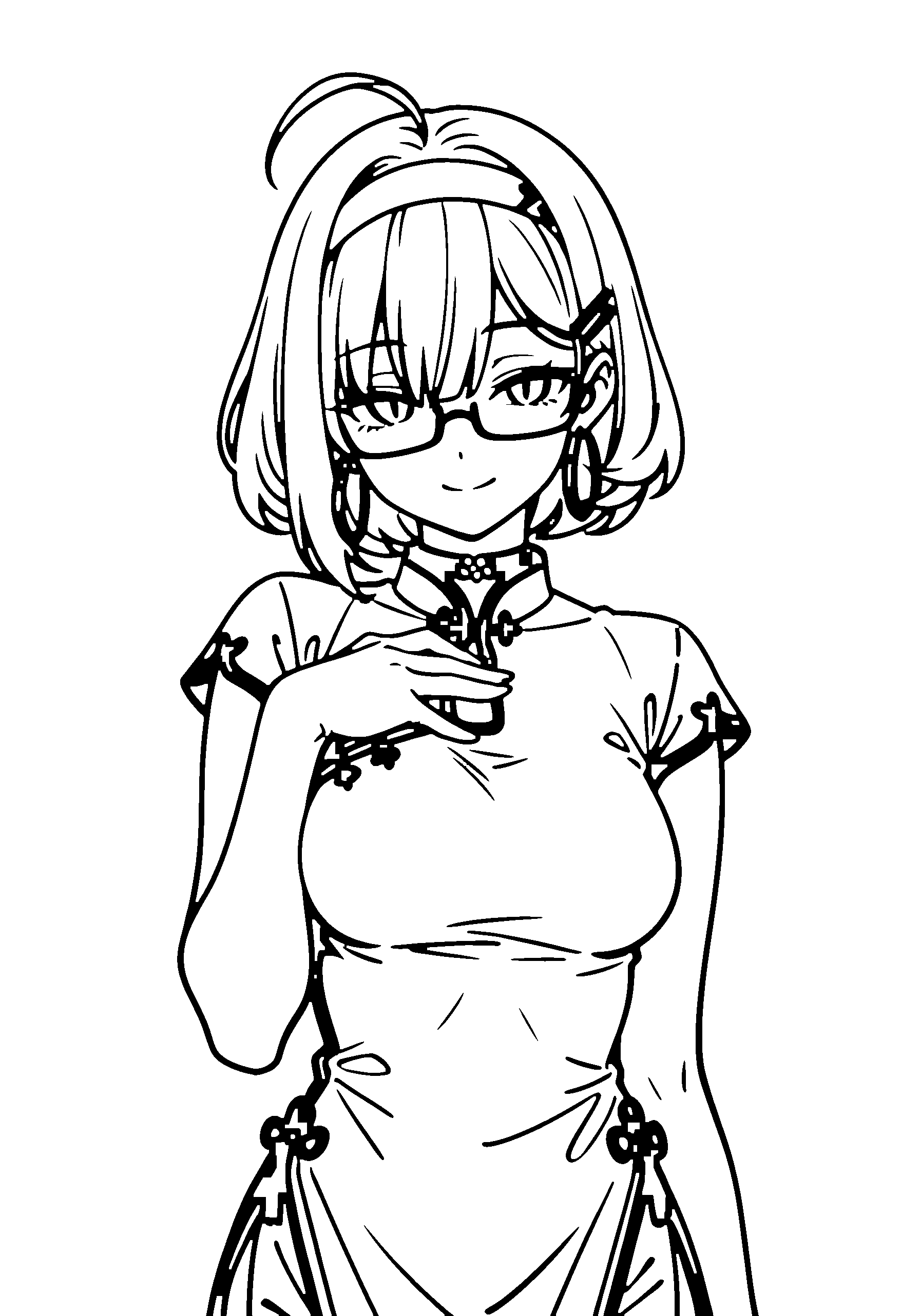 Black and white line art coloring page of an anime girl with bob cut, wavy hair, chinese dress, headband, glasses, choker and smiling
